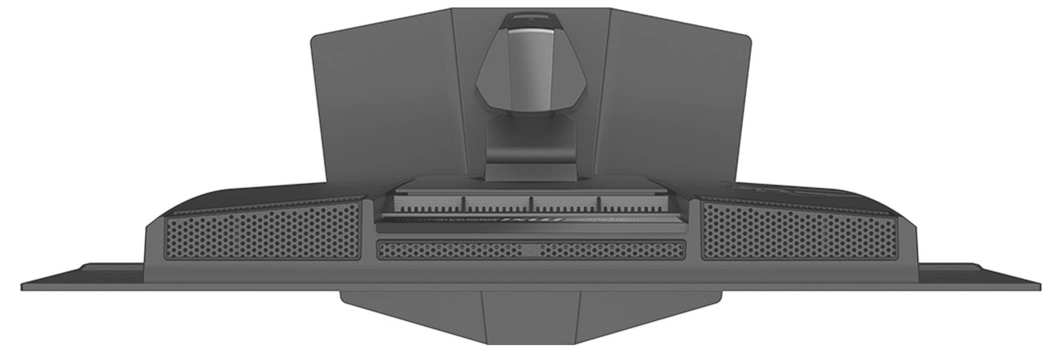 Das Bild zeigt die Rückansicht eines Computermonitors mit einem charakteristischen kantigen Design und sichtbaren Lüftungsgittern.