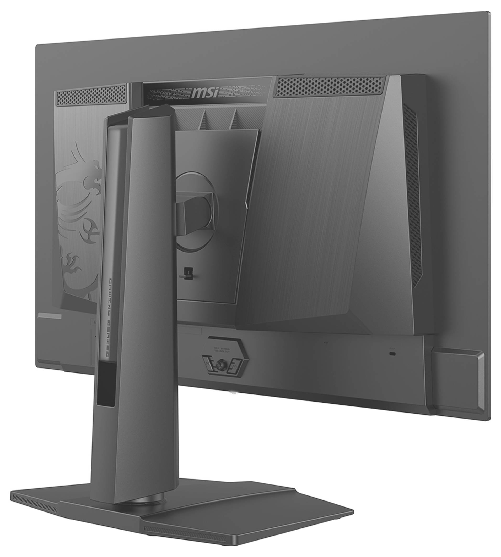 Ein grauer Computermonitor von hinten betrachtet, der seinen Ständer und Anschlüsse zeigt, mit sichtbaren Markierungen des Herstellers und subtilen Designmustern.