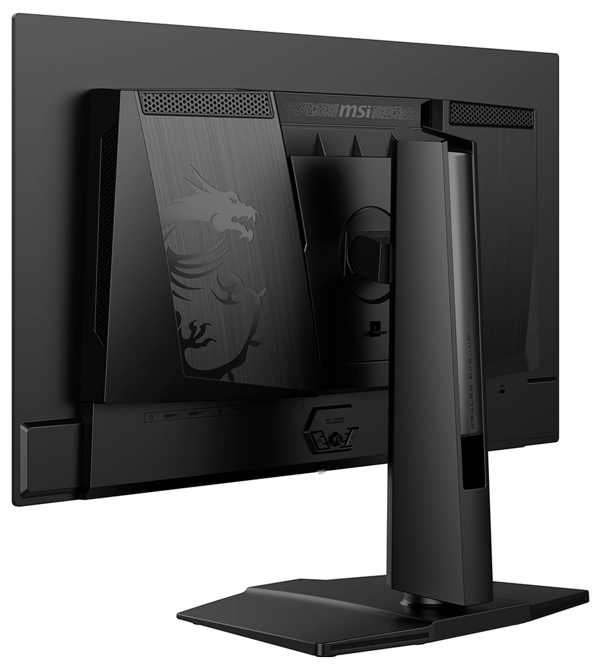 Ein von hinten betrachteter schwarzer Computermonitor mit einem Drachen-Logo und einem verstellbaren Ständer.