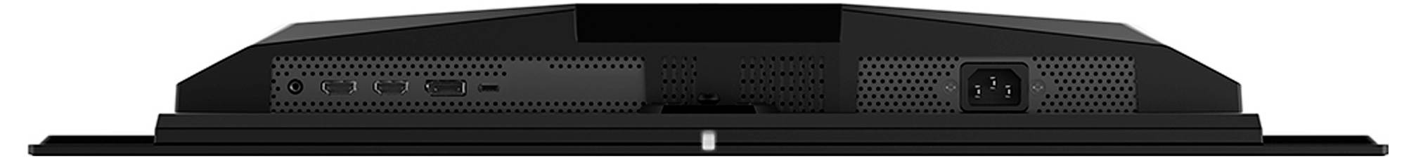 Rückansicht eines Monitors mit mehreren Anschlüssen, darunter HDMI, USB und Stromeingang, sowie Lüftungsgitter auf beiden Seiten.