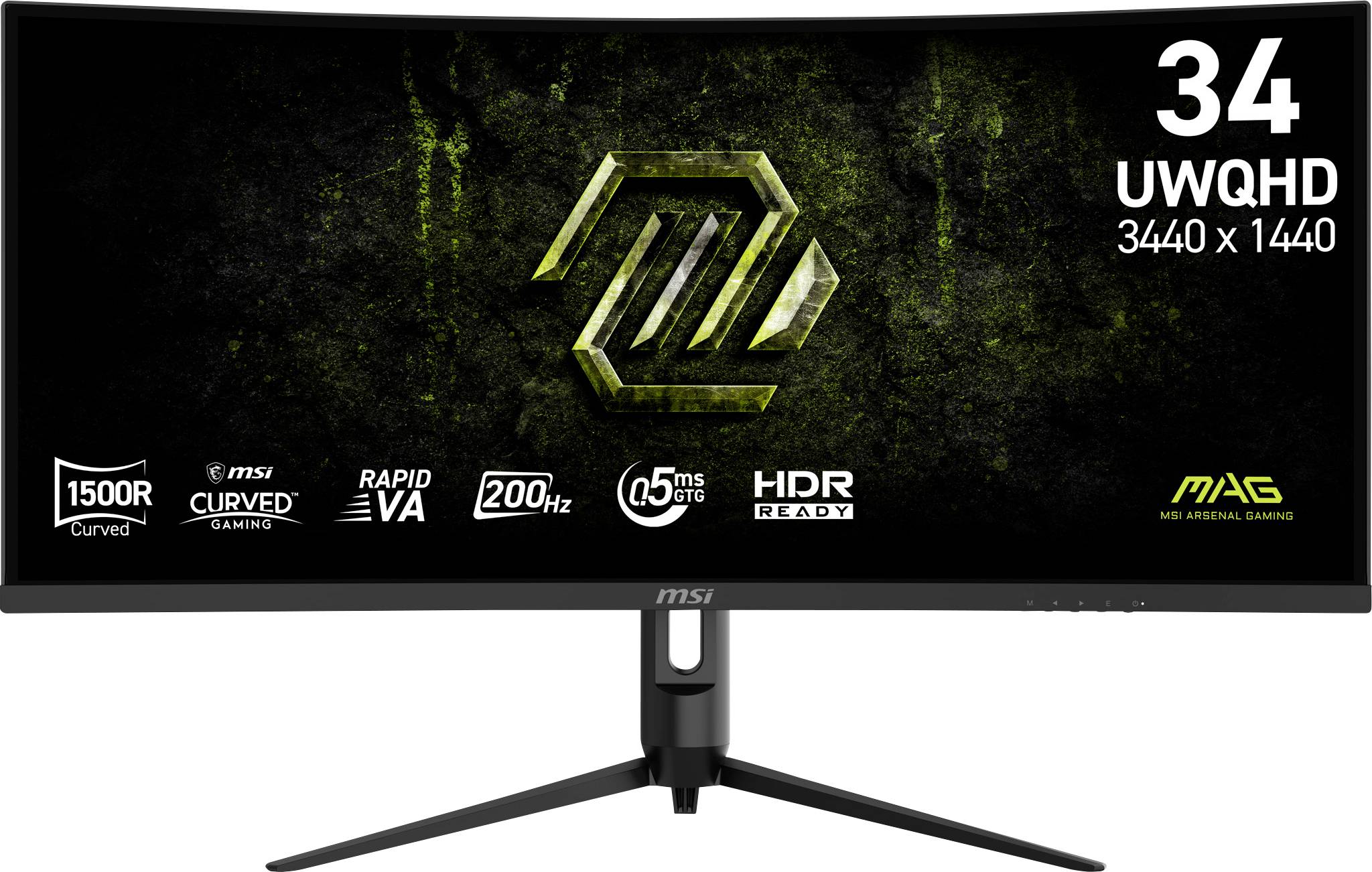 Gekrümmter Ultrawide-Monitor mit Tech-Design-Hintergrund. Ausstattungsmerkmale: 34 Zoll UWQHD, 3440x1440 Auflösung, 200Hz und HDR-ready.