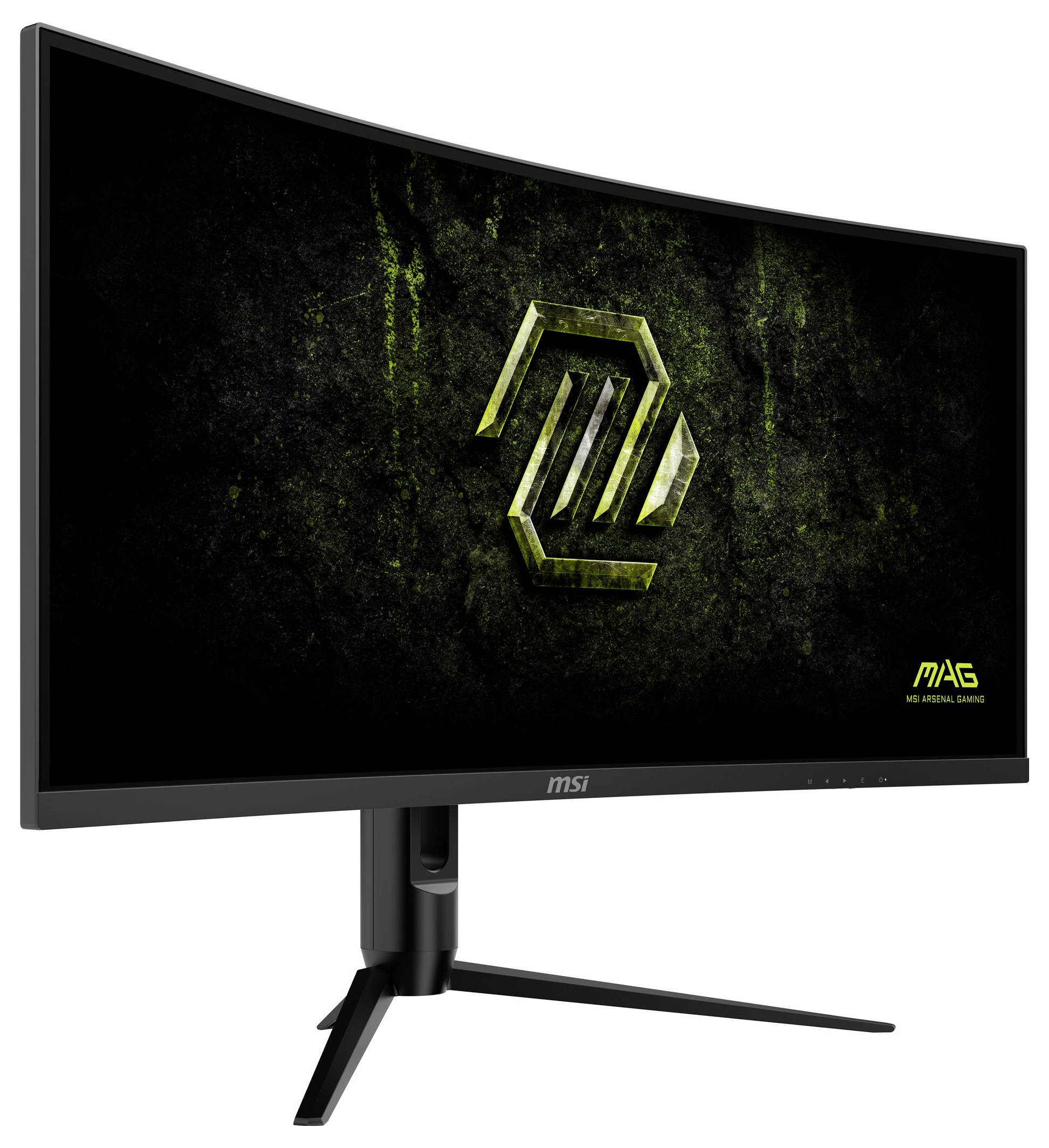 MSI-Monitor mit gebogener Bildschirmfläche mit grünem und schwarzem Bildschirmdesign, das ein futuristisches Symbol und die Buchstaben 
