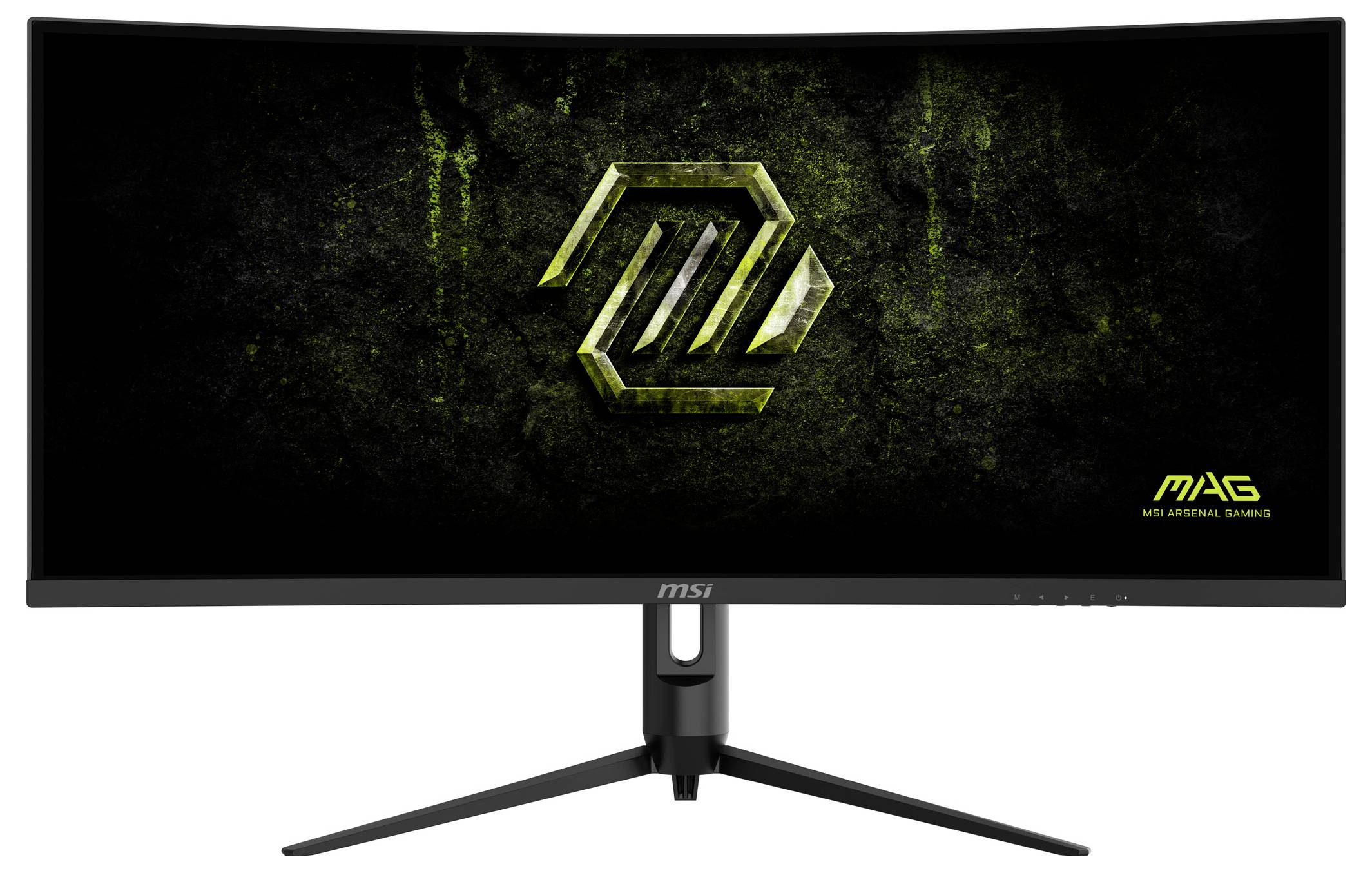 Ein gekrümmter MSI-Gaming-Monitor zeigt ein grünes abstraktes Logo auf einem strukturierten dunklen Hintergrund mit gelb-grünen Details.