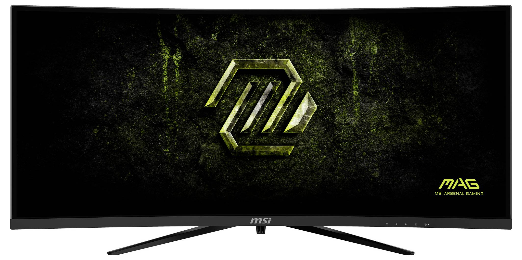 Ein dunkel gestalteter MSI-Monitor mit grünem abstraktem Muster und Logo auf dem Bildschirm, beschriftet mit „MAG