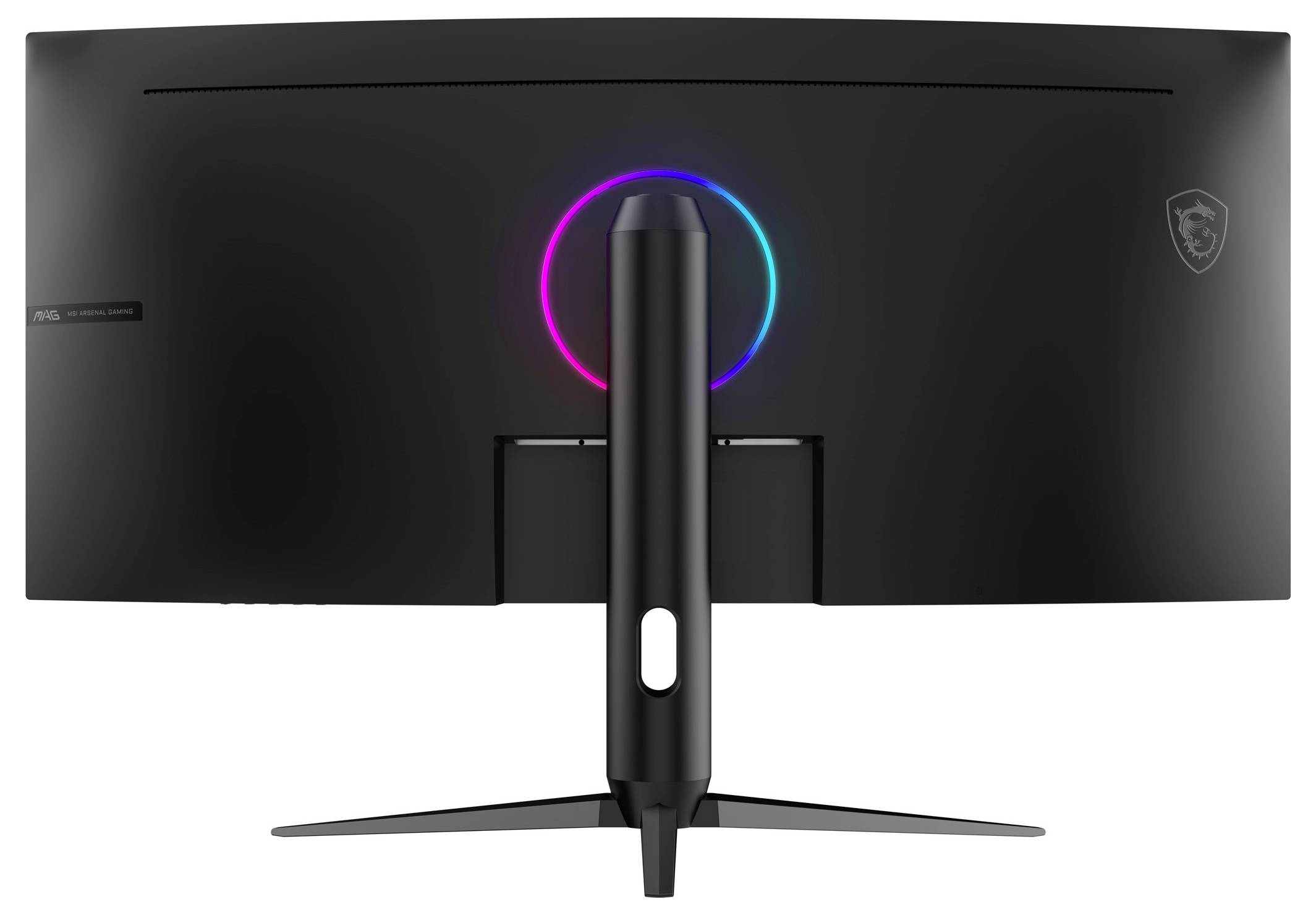 Ein gebogener, schwarzer Computermonitor von hinten betrachtet, mit einem zentralen Ständer, der ein rundes LED-Licht mit mehreren Farben aufweist.