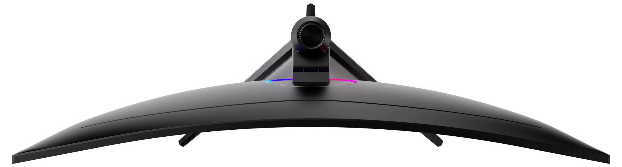 „Rückansicht eines gebogenen Gaming-Monitors mit Hervorhebung der Kamera und des eleganten Designs.