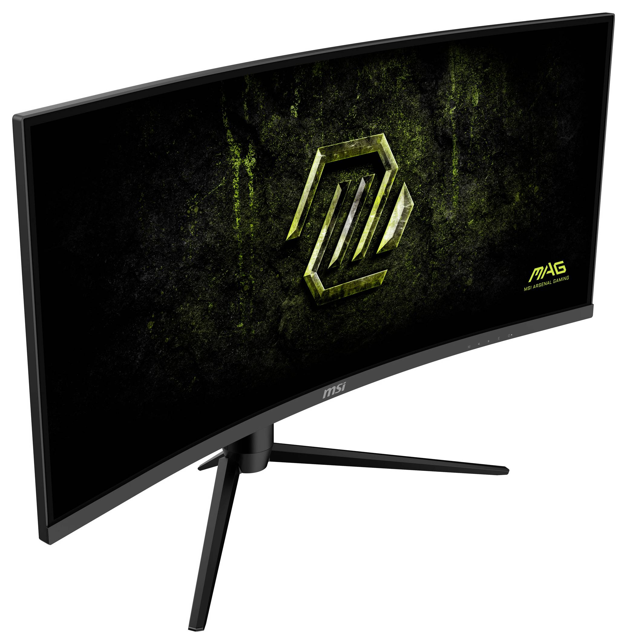 Gebogener Gaming-Monitor mit Ständer, der auf dem Bildschirm ein grünes abstraktes Design anzeigt.