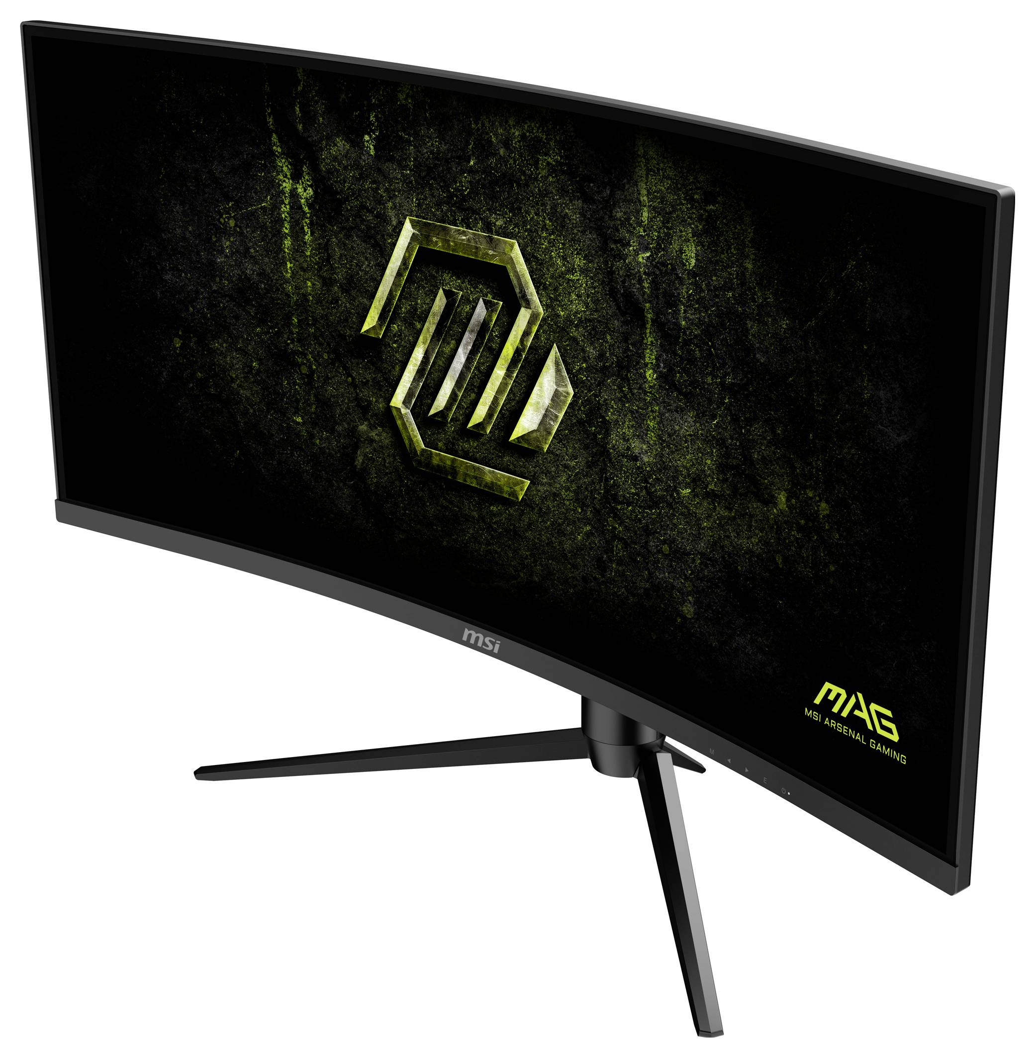 Gekrümmter Gaming-Monitor auf einem Ständer, der ein grünes, futuristisches Logo auf dunkelm Hintergrund anzeigt, mit dem Text MAG in der unteren Ecke.
