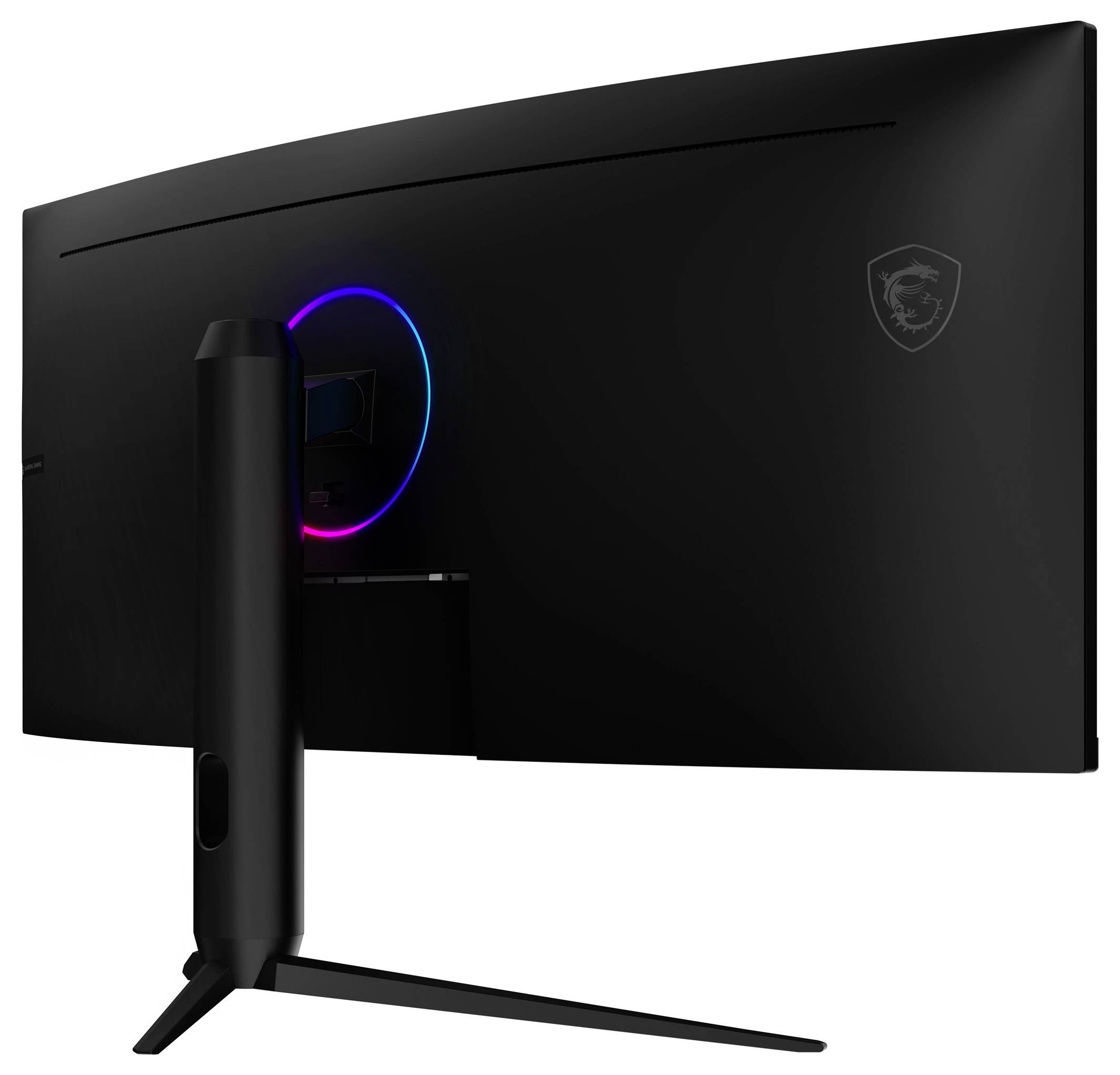 Ein gekrümmter, schwarzer Gaming-Monitor von hinten betrachtet, mit einem kreisförmigen RGB-Licht und verstellbarem Ständer.