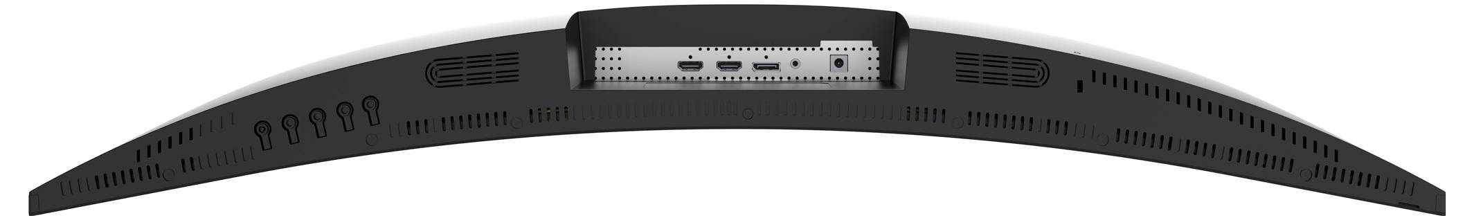 Curved monitor back view showing various input ports and ventilation grilles on the top section.Gekrümmte Monitor-Rückansicht mit verschiedenen Eingabeanschlüssen und Lüftungsgittern im oberen Bereich.