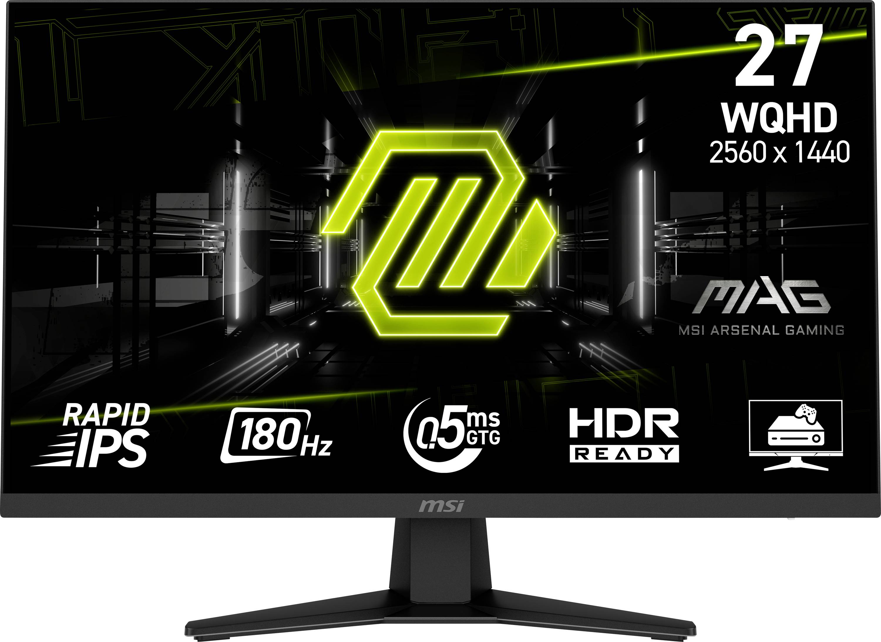 Gaming-Monitor-Display mit prominenter Angabe '27 WQHD 2560 x 1440'. Funktionen umfassen Rapid IPS, 180Hz, 0,5ms GTG, HDR Ready, Marke MSI Arsenal Gaming.