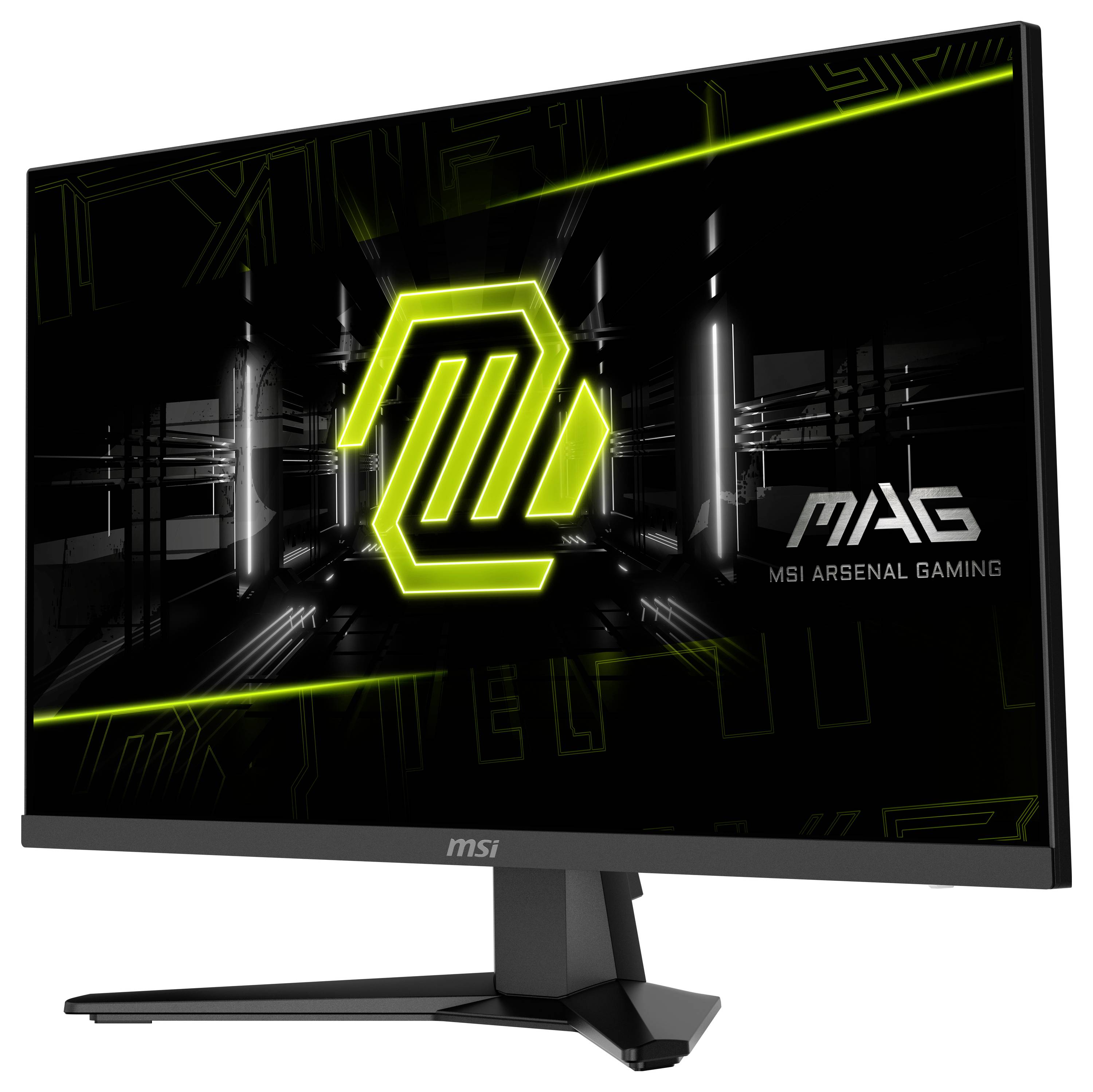 Gaming-Monitor mit MSI-Logo, das grüne futuristische Grafiken auf dem Bildschirm anzeigt. Der Ständer ist schwarz, und das Design ist elegant.