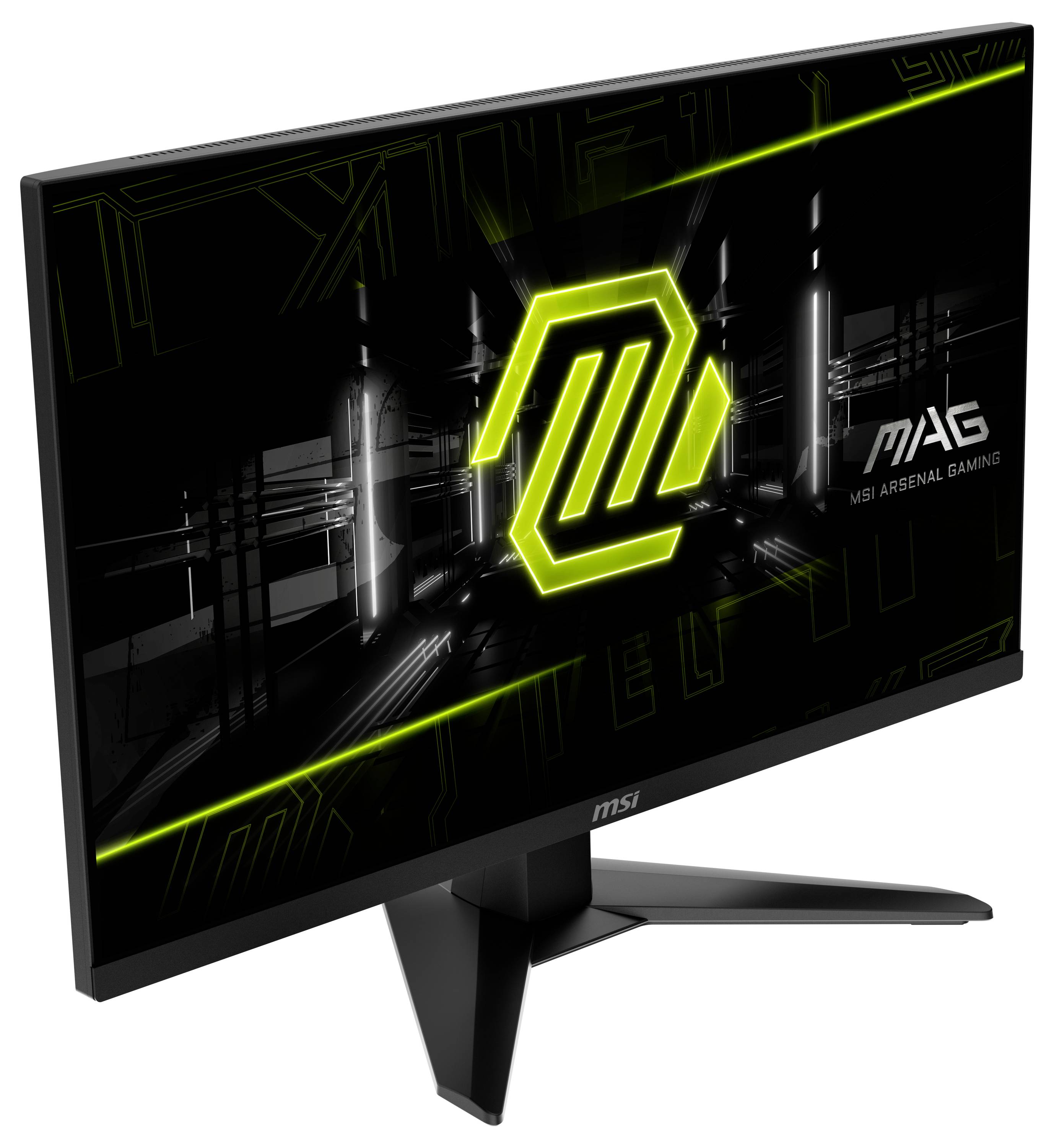 Ein schwarzer Gaming-Monitor, auf dem ein neongrünes Logo und die Wörter „MAG MSI ARSENAL GAMING