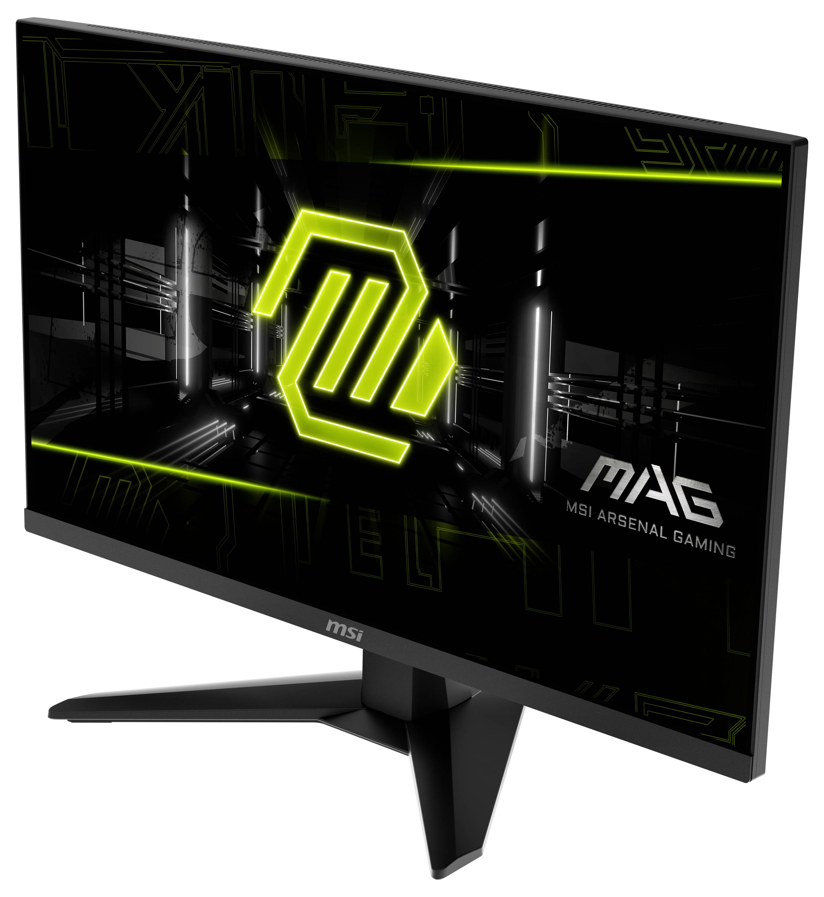 Ein Gaming-Monitor zeigt das MSI Arsenal Gaming-Logo mit futuristischen Grafiken. Der Bildschirm ist leicht nach rechts geneigt auf einem schwarzen Ständer angebracht.