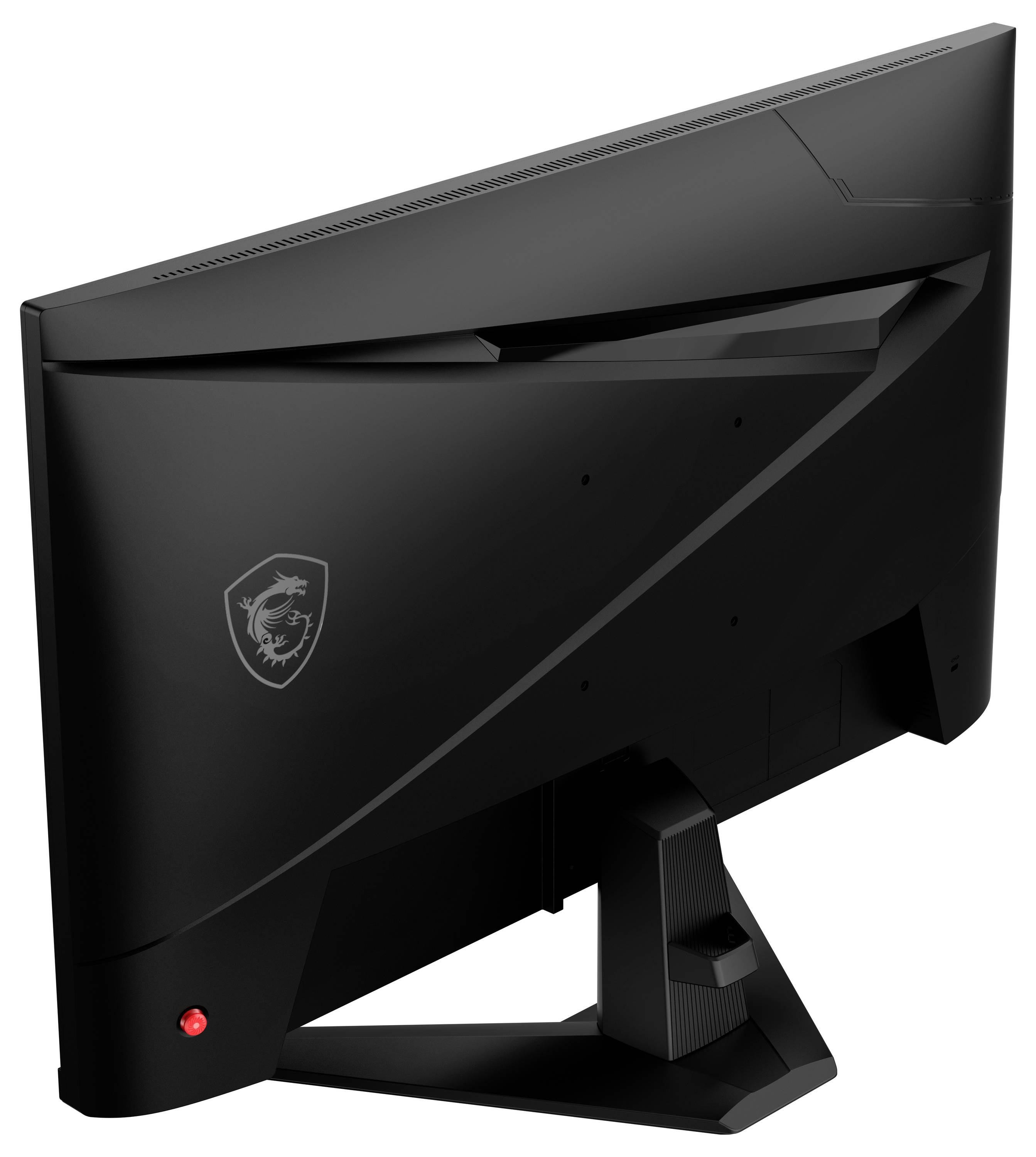 Ein schlanker schwarzer Computermonitor von hinten betrachtet, mit einem stilisierten Drachen-Logo und einer roten LED-Stromanzeige unten links.