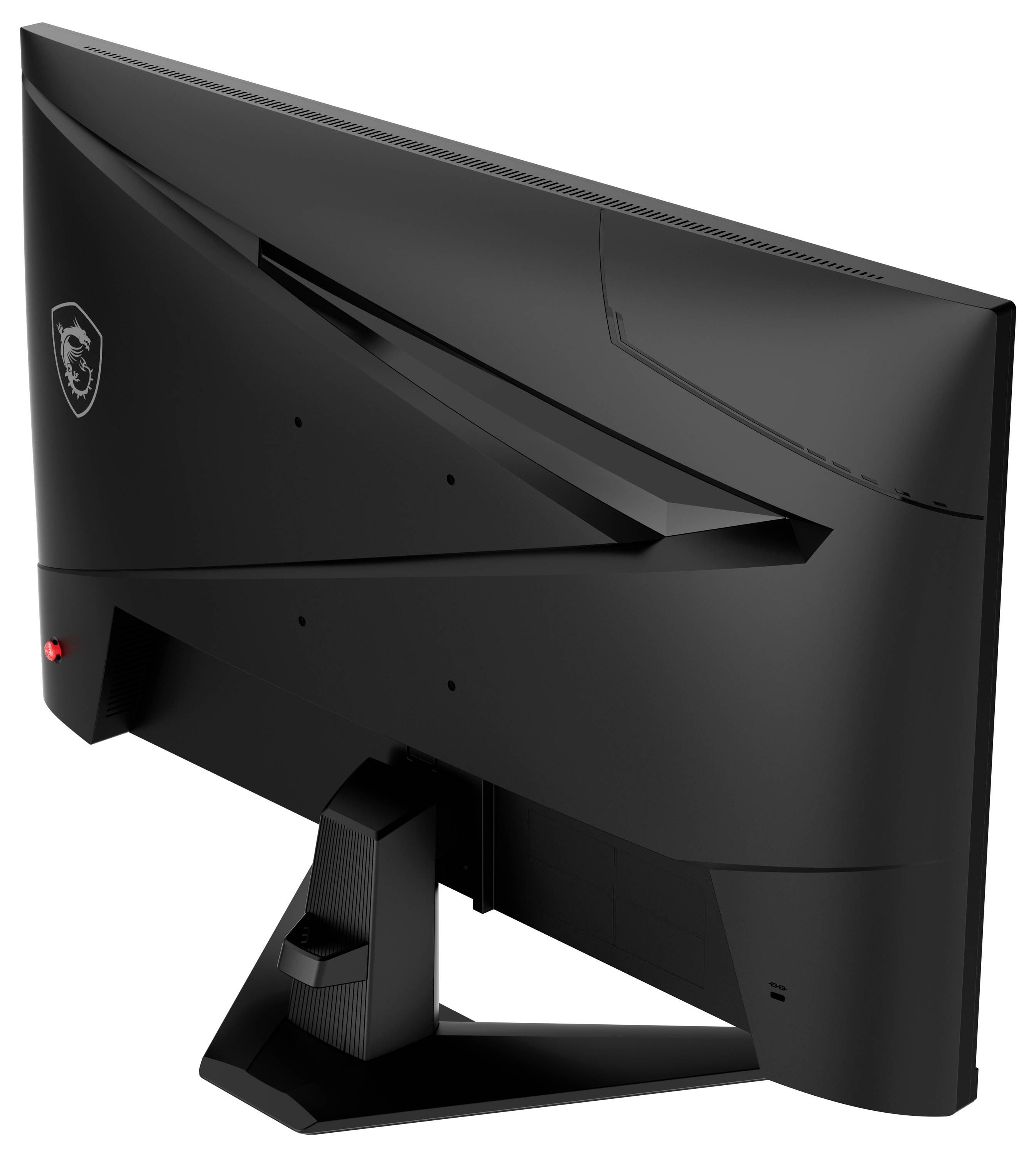 Ein schlanker schwarzer Computermonitor, von hinten betrachtet, mit modernem Design mit scharfen Kanten und einem Markenlogo auf der Seite.