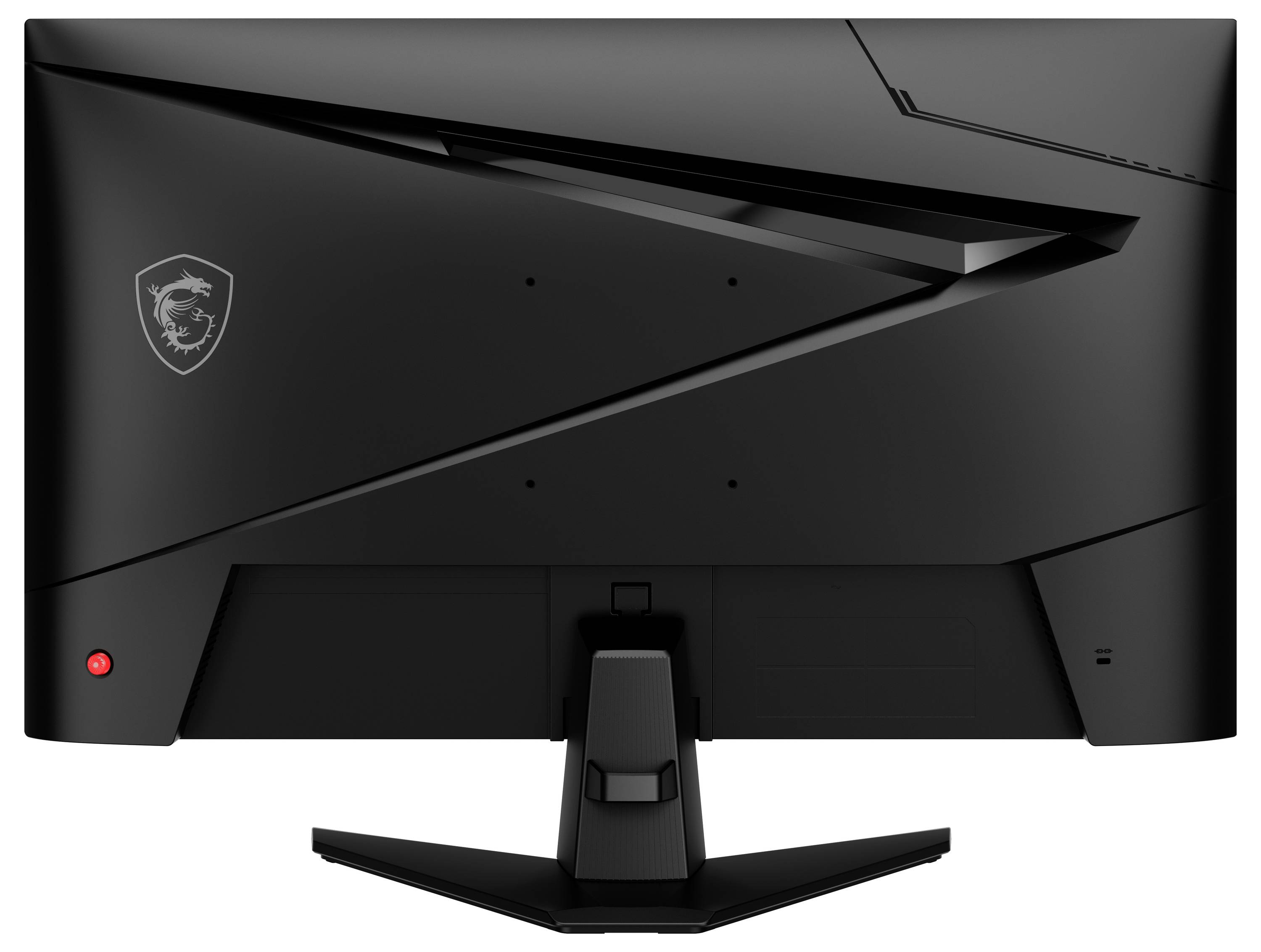 Ein schwarzer Computermonitor von hinten betrachtet, mit einem kantigen, geometrischen Design mit einem Logo oben links und einem angebrachten Ständer.