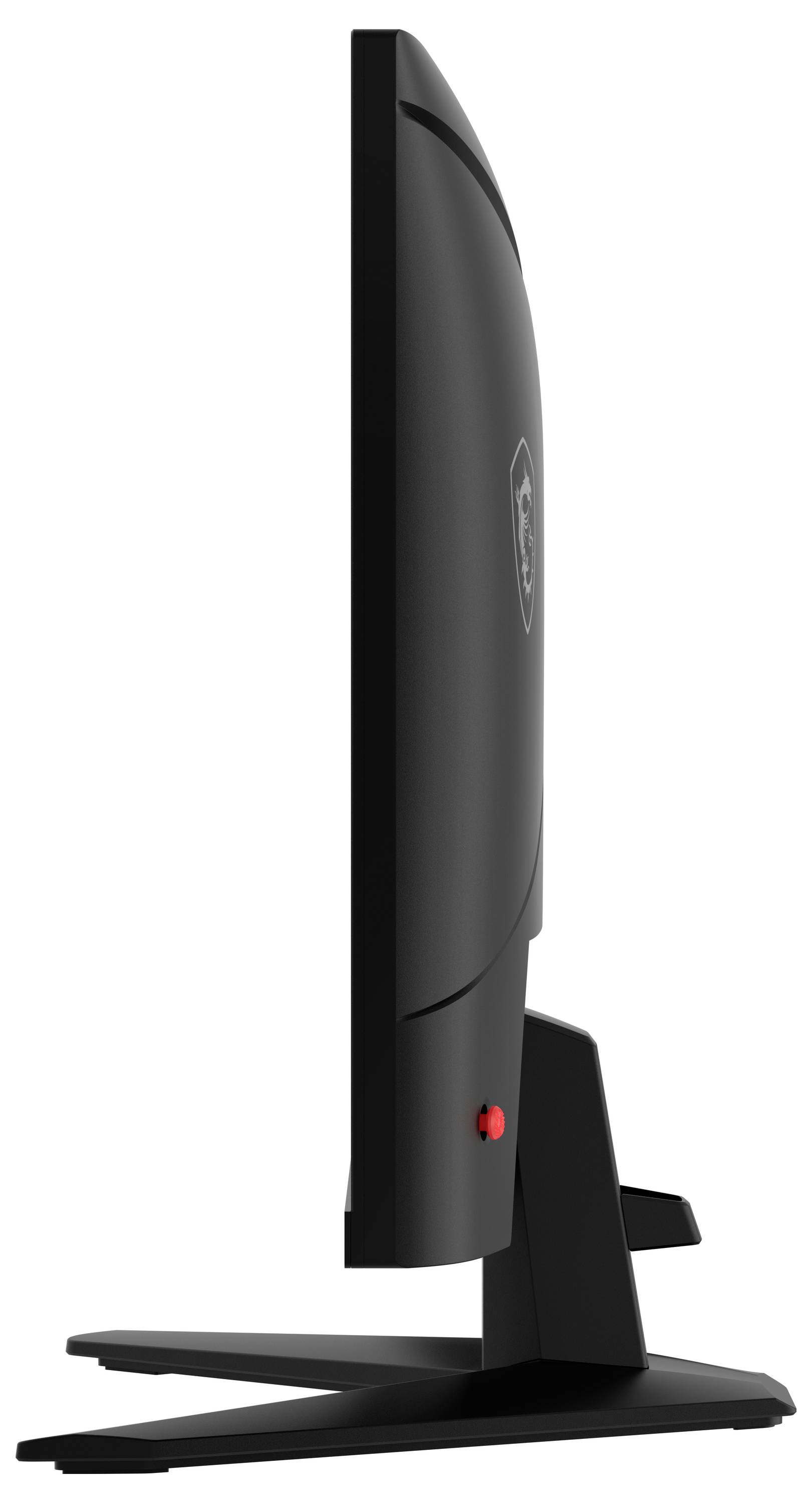 Seitenansicht eines schlanken Computermonitors auf einem Ständer, der sein dünnes Profil und das geschwungene Rückdesign hervorhebt.