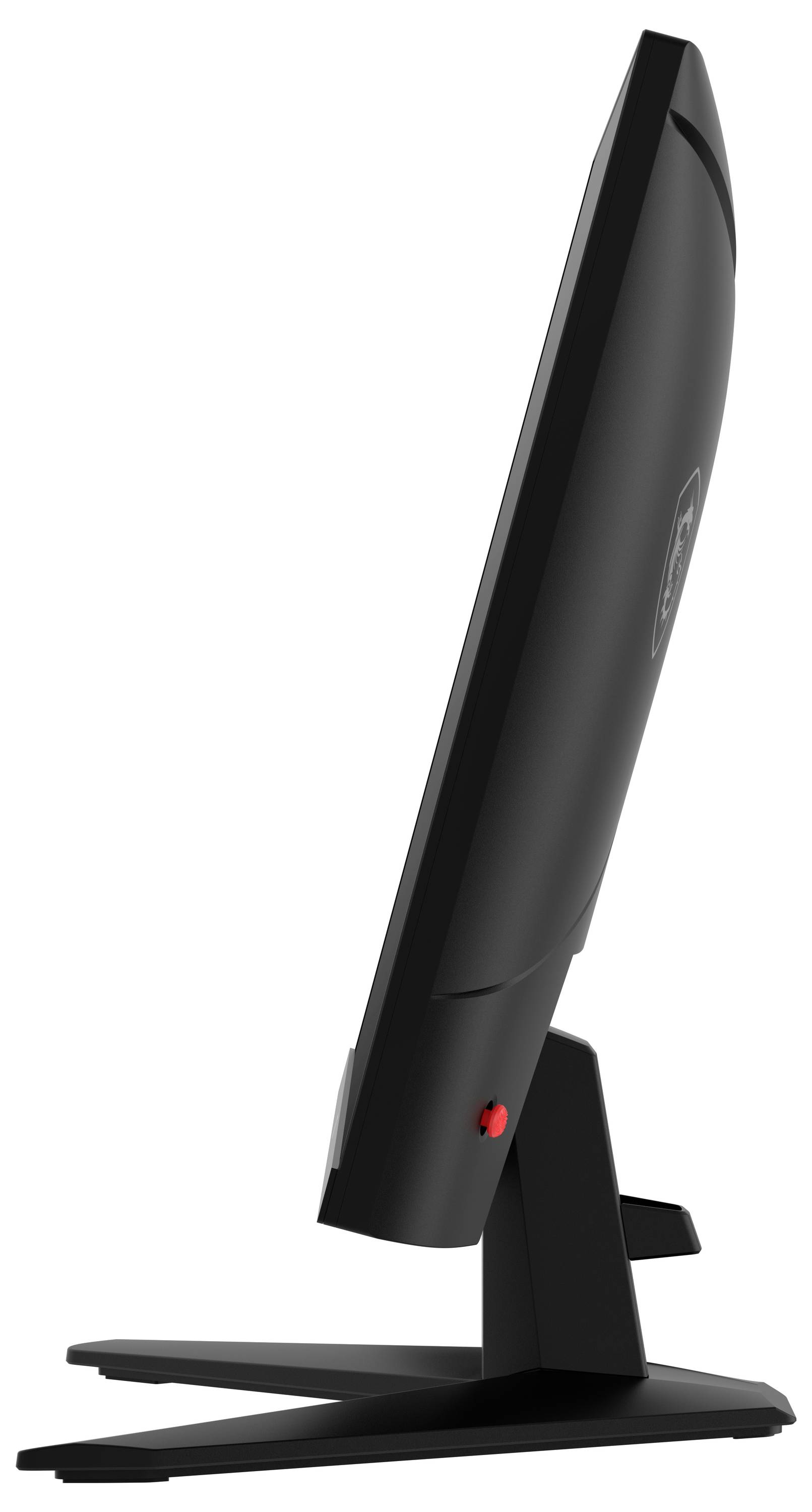 Ein schlanker, schwarzer Computermonitor von der Seite betrachtet, der sein elegantes, minimalistisches Design und seinen stabilen Ständer präsentiert.
