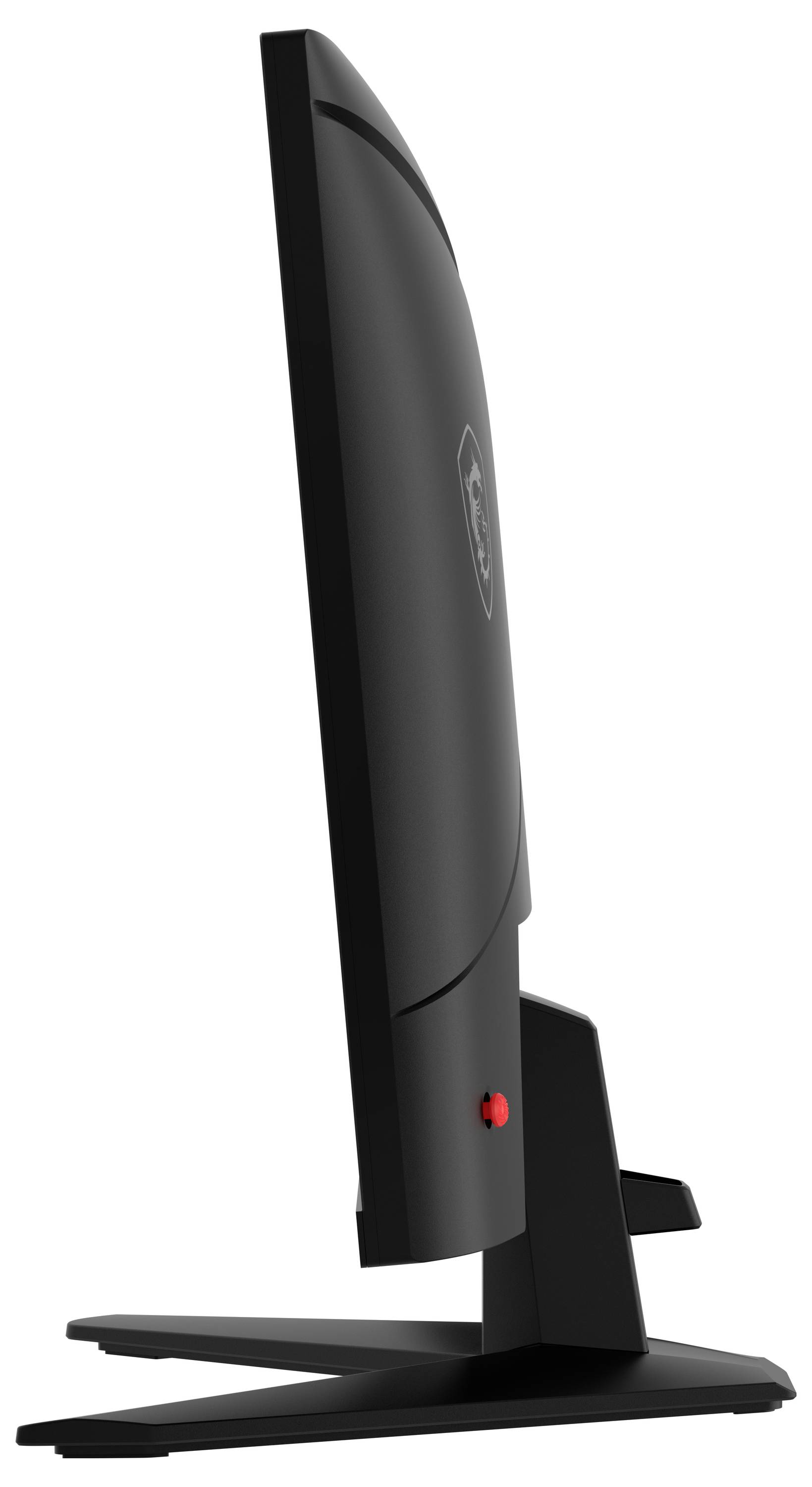 Seitenansicht eines eleganten schwarzen Computermonitors auf einem Ständer, der sein dünnes Profil und eine leichte Neigung nach hinten zeigt.
