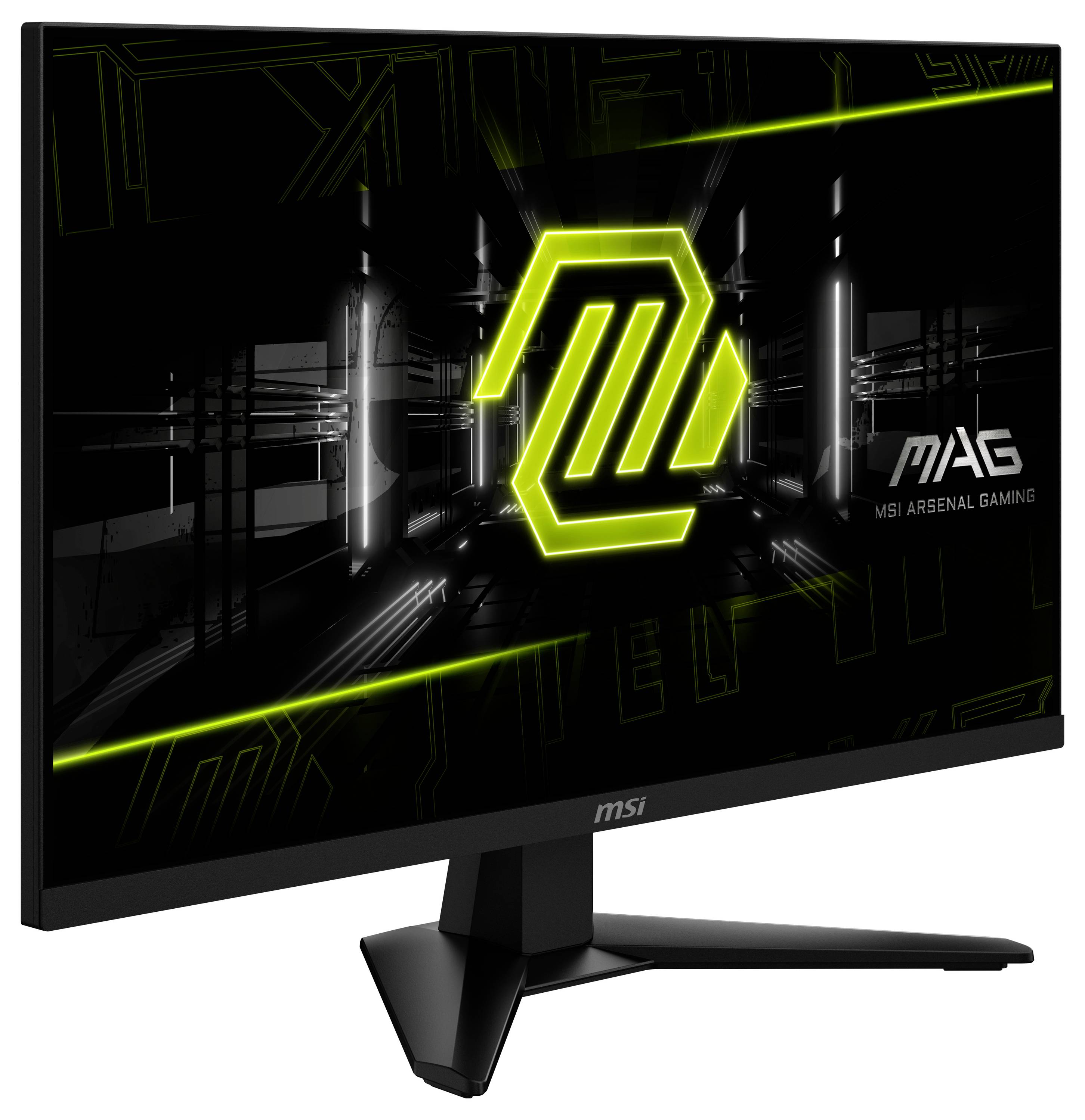 Ein schwarzer MSI-Gaming-Monitor zeigt ein leuchtendes grünes Logo und „MAG MSI Arsenal Gaming