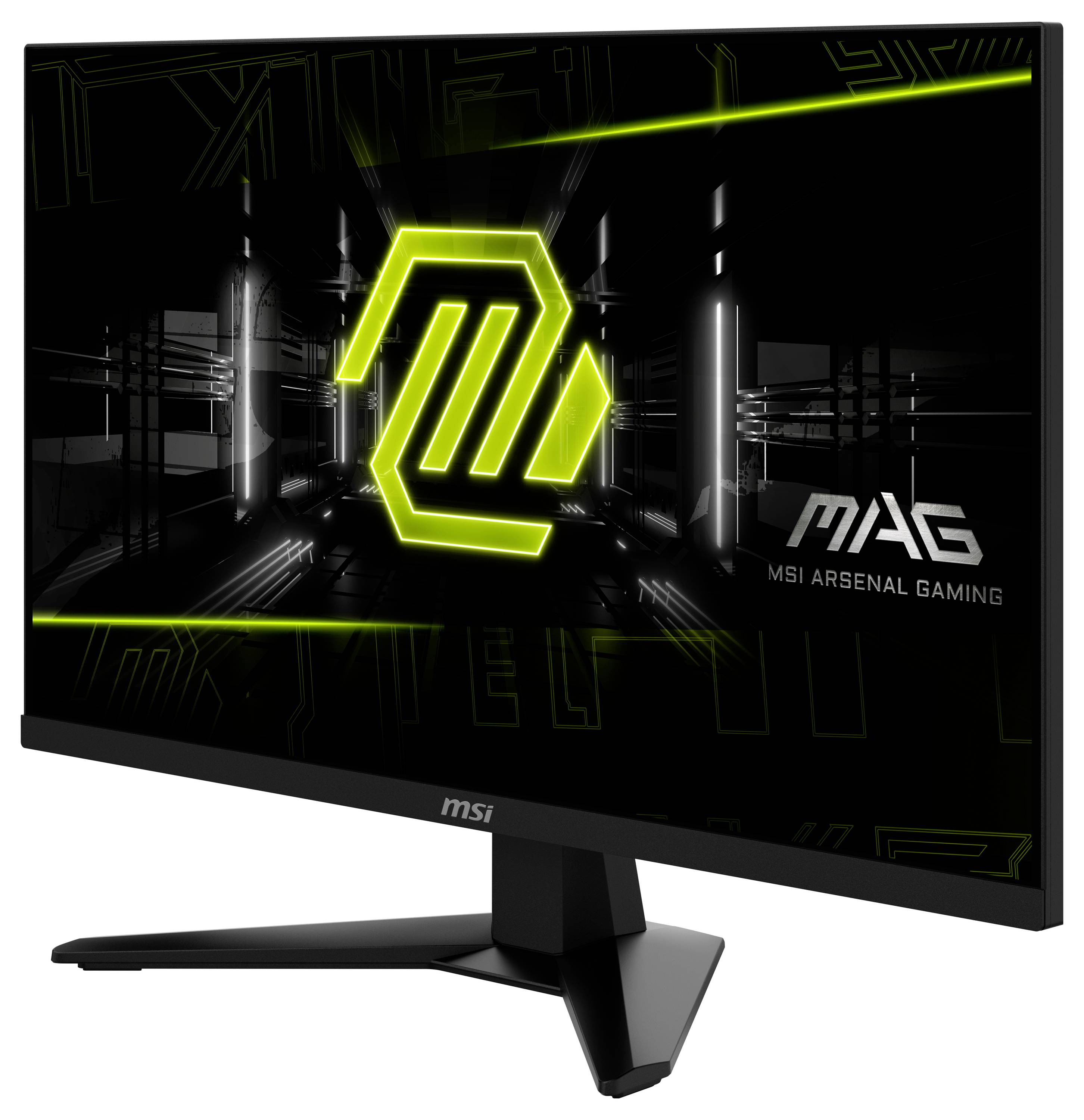 Ein Computermonitor zeigt ein neongrünes Gaming-Logo mit dem Text „MAG