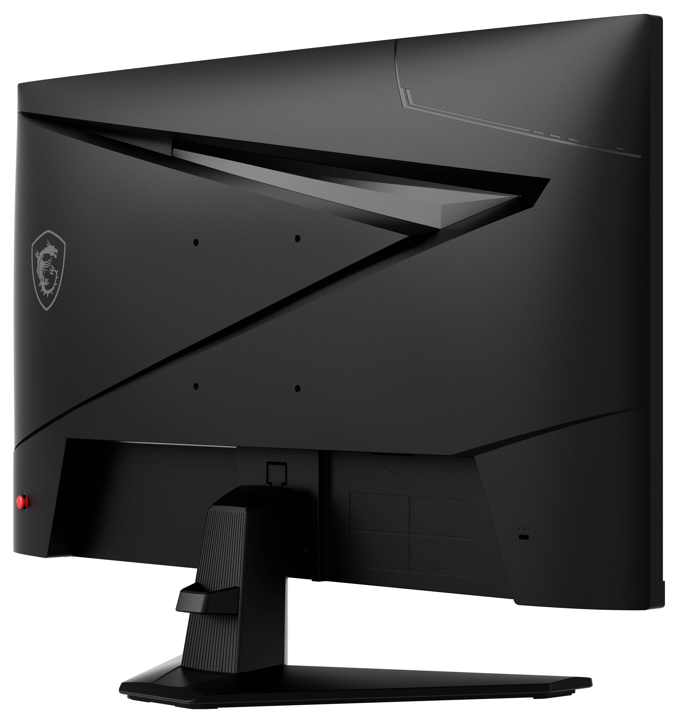 Ein schwarzer Computermonitor von hinten betrachtet, mit eckigen Designelementen und einem charakteristischen Emblem in der oberen linken Ecke.
