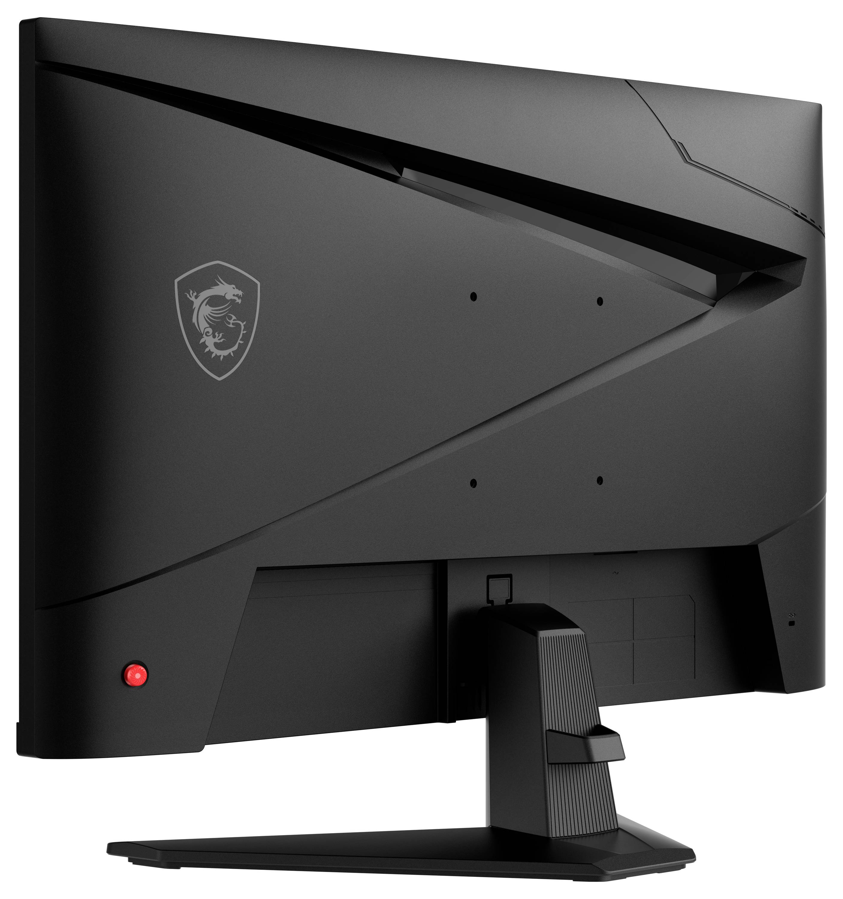 Ein schwarzer Computermonitor wird von hinten gezeigt und weist ein einzigartiges eckiges Design sowie ein Logo in der oberen linken Ecke auf.