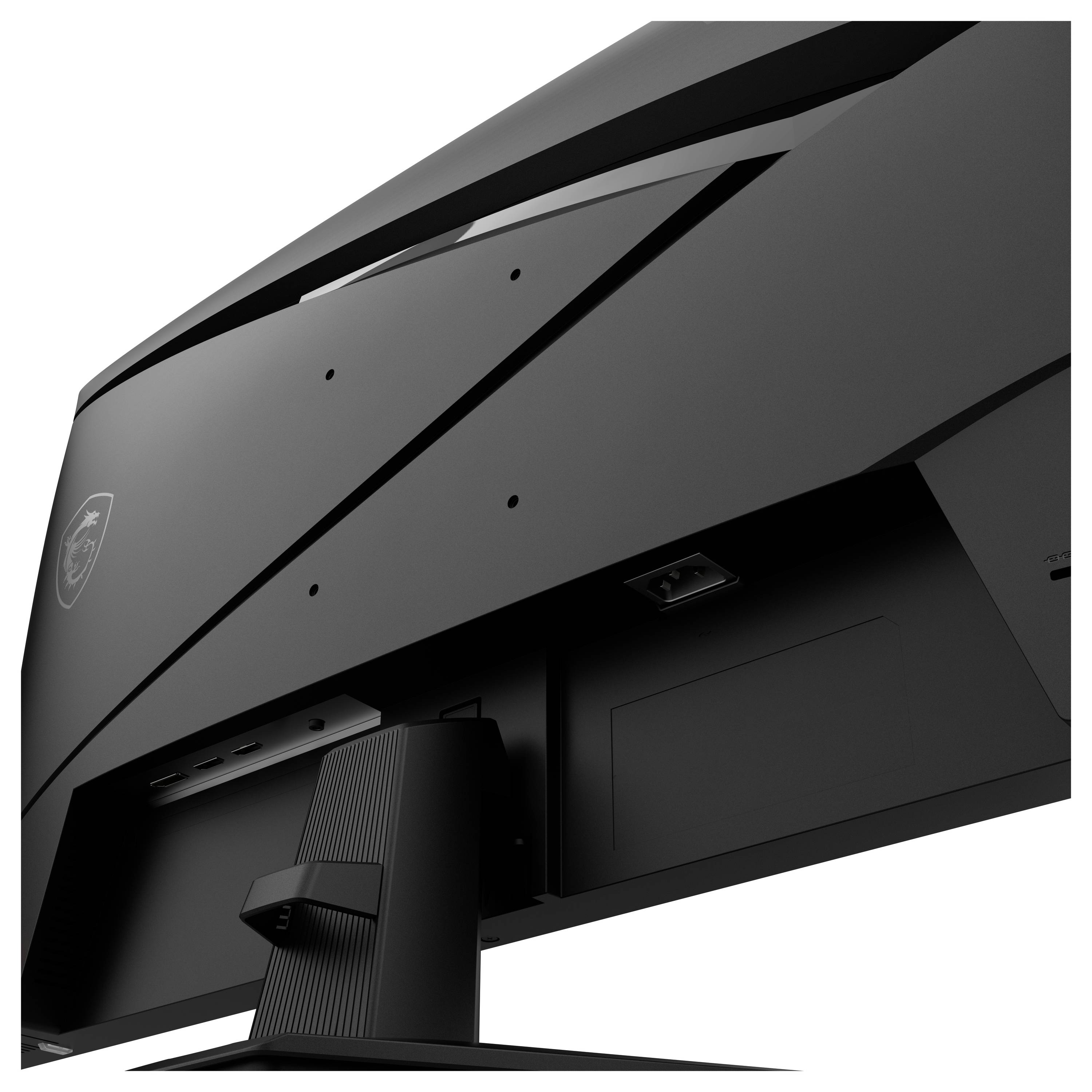 Ein moderner schwarzer Computermonitor von hinten betrachtet, der ein elegantes Design und Befestigungsmechanismen ohne sichtbaren Bildschirm zeigt.