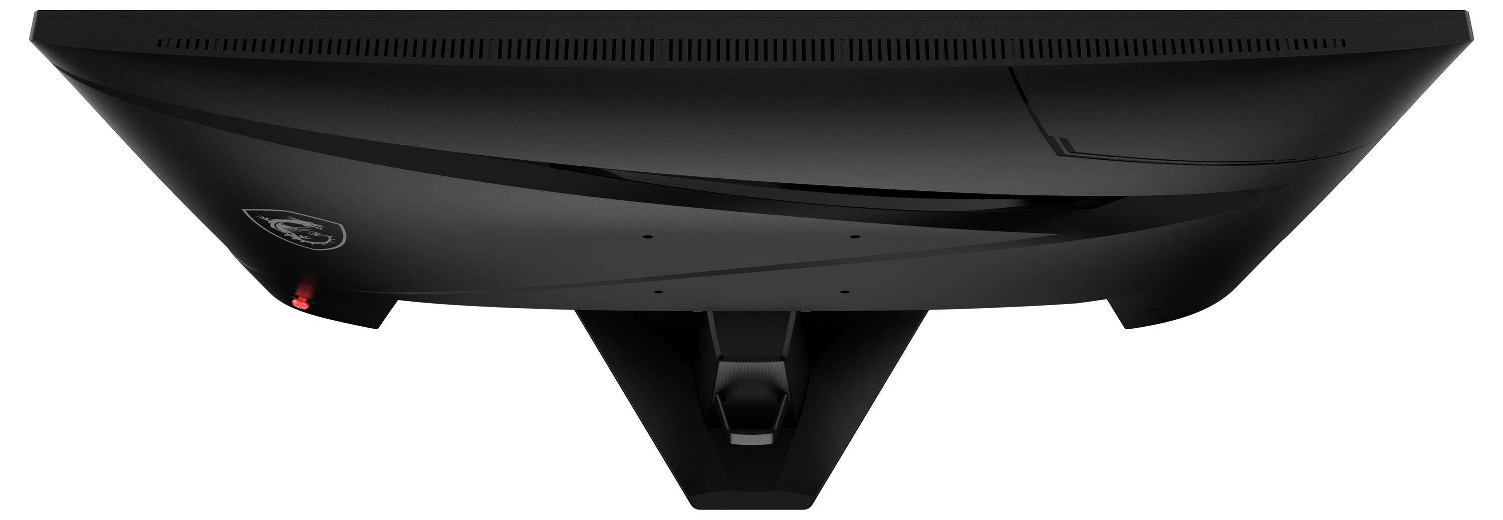 Rückansicht eines schwarzen Computermonitors, der ein elegantes Design mit einer zentralen Standbefestigung zeigt.