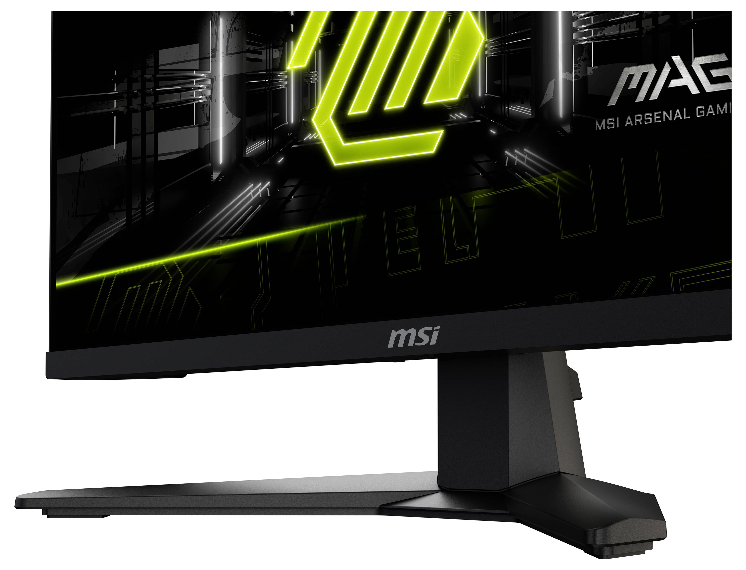 Ein schwarzer MSI-Gaming-Monitor mit grünem geometrischem Design auf dem Bildschirm und dem Text „MSI Arsenal Gaming