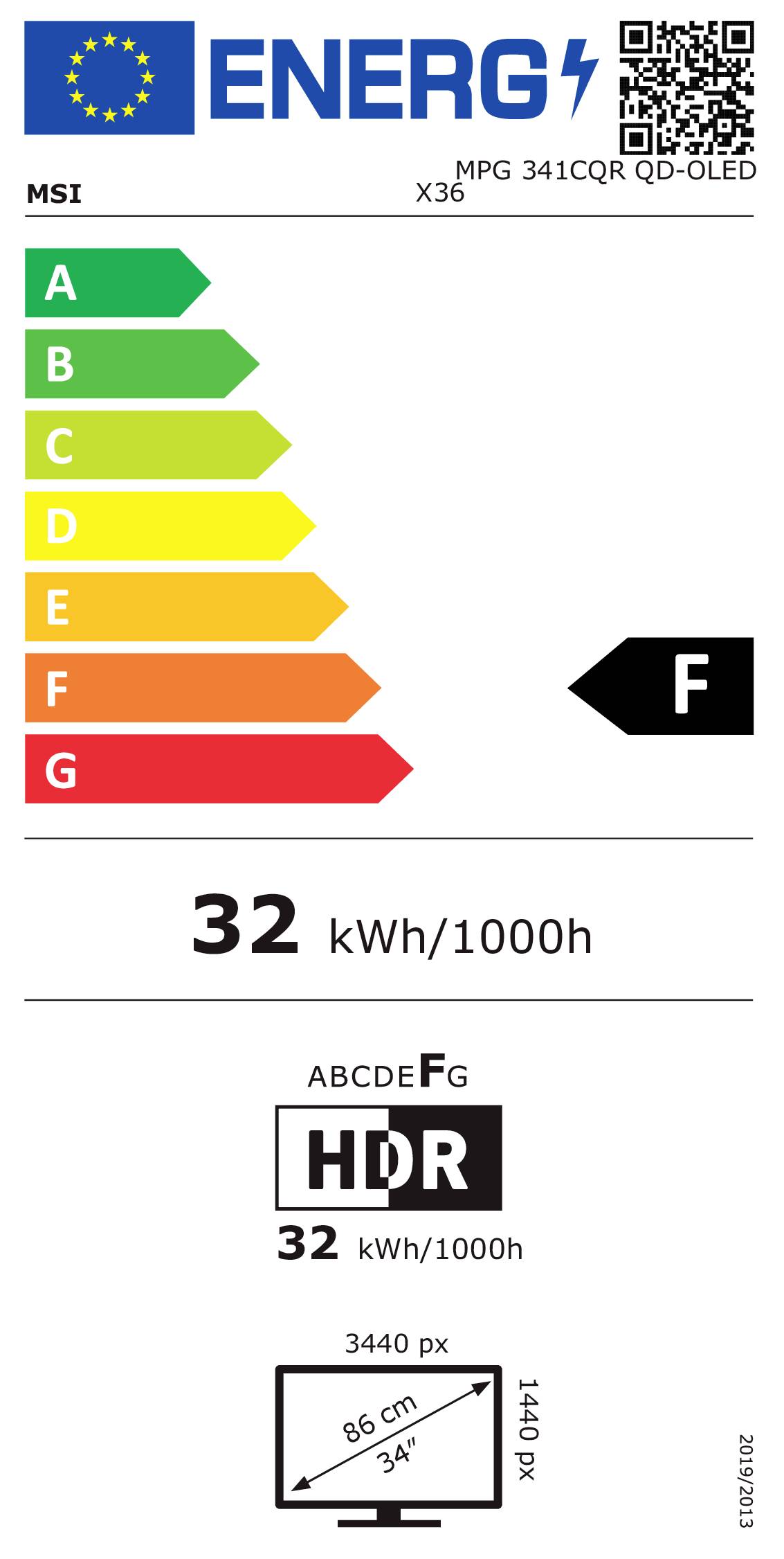 „Energieeffizienzlabel für X36 Monitor mit einer Bewertung von F, Energieverbrauch von 32 kWh/1000h, HDR-Fähigkeit, Bildschirmgröße 86 cm.
