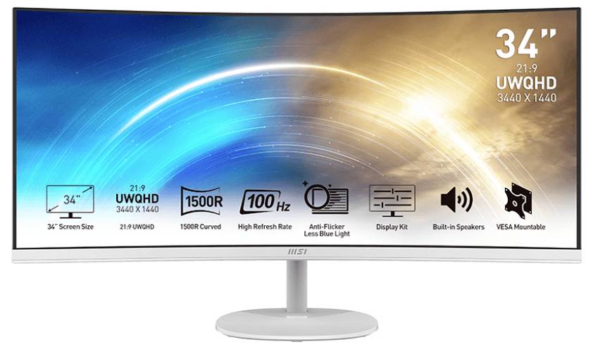 Curved 34-Zoll-Monitor mit UWQHD-Auflösung, 100Hz Bildwiederholfrequenz, 1500R-Krümmung, Flimmerreduzierung, reduziertes Blaulicht, integrierte Lautsprecher, VESA-montierbar.