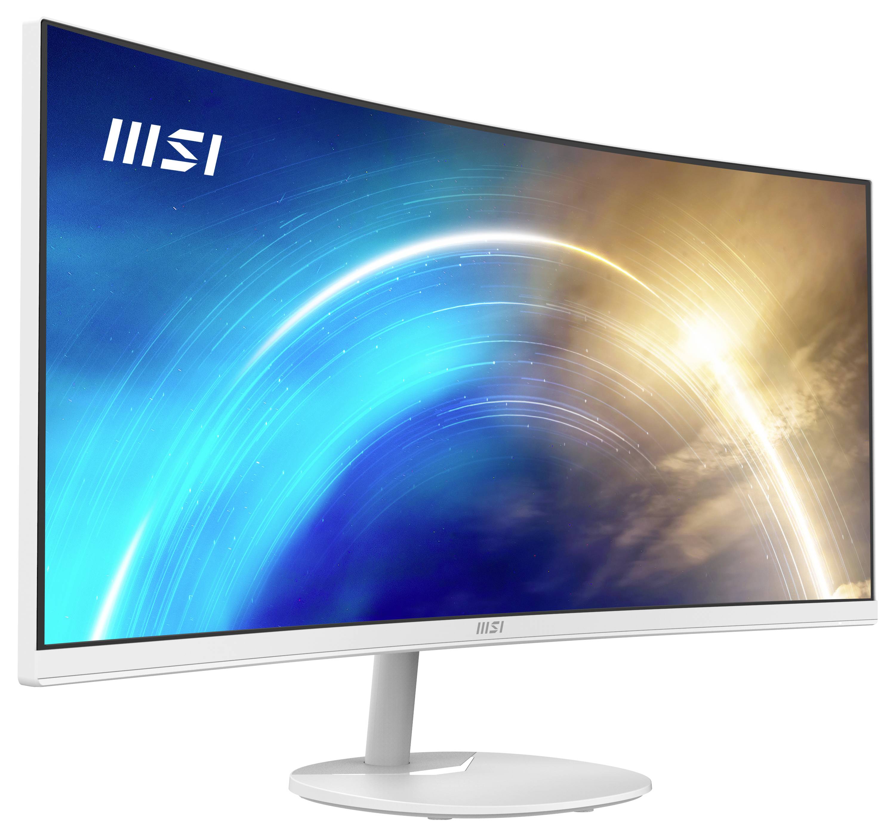 Gekrümmter MSI-Monitor mit dynamischem blauem und orangefarbenem Lichtwirbel auf dem Bildschirm, der ein futuristisches oder lebendiges digitales Thema andeutet.