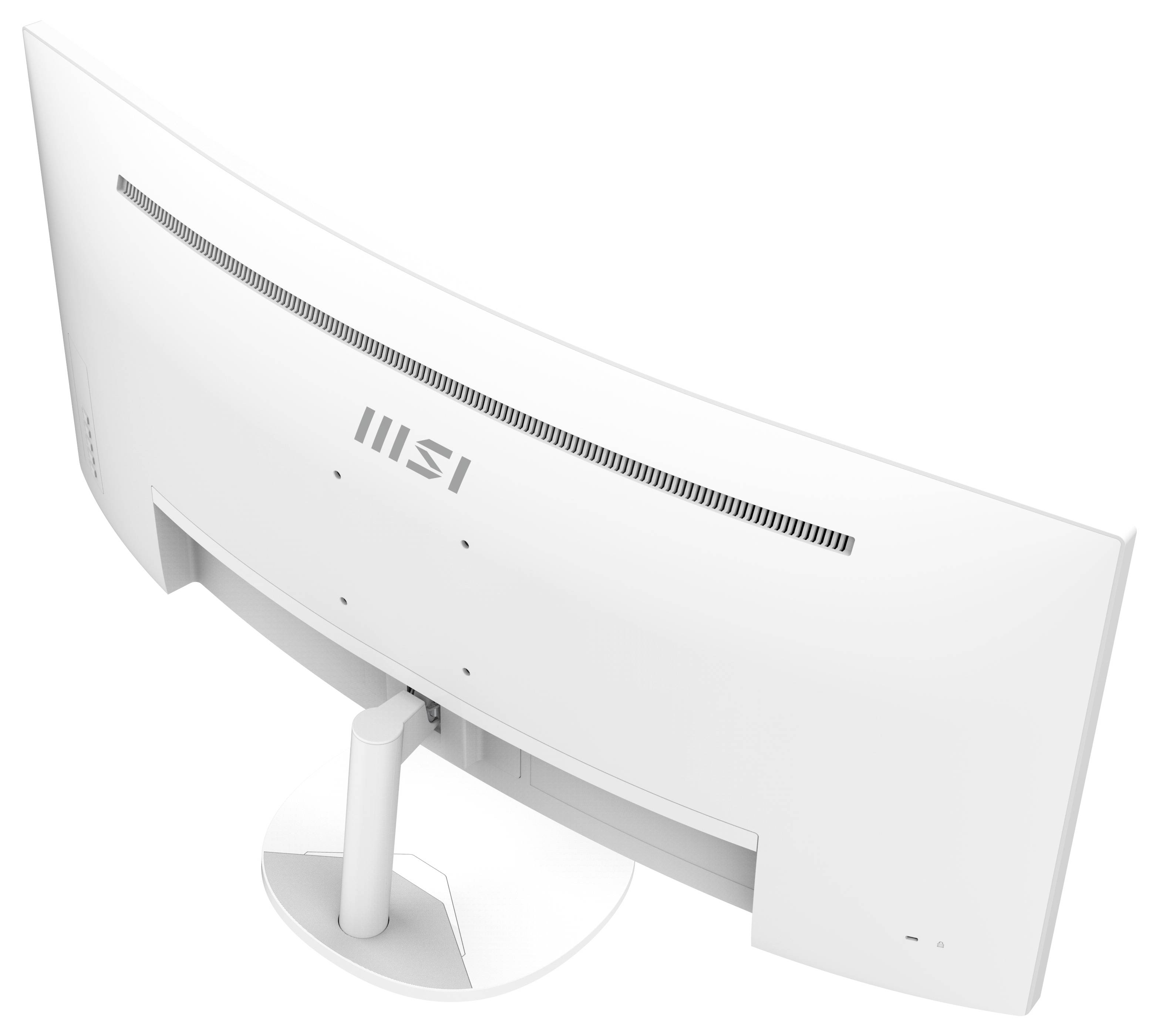 Ein weißer gebogener Monitor, von hinten betrachtet, zeigt das Lüftungsdesign und die Ständerbefestigung und vermittelt moderne und elegante Ästhetik.