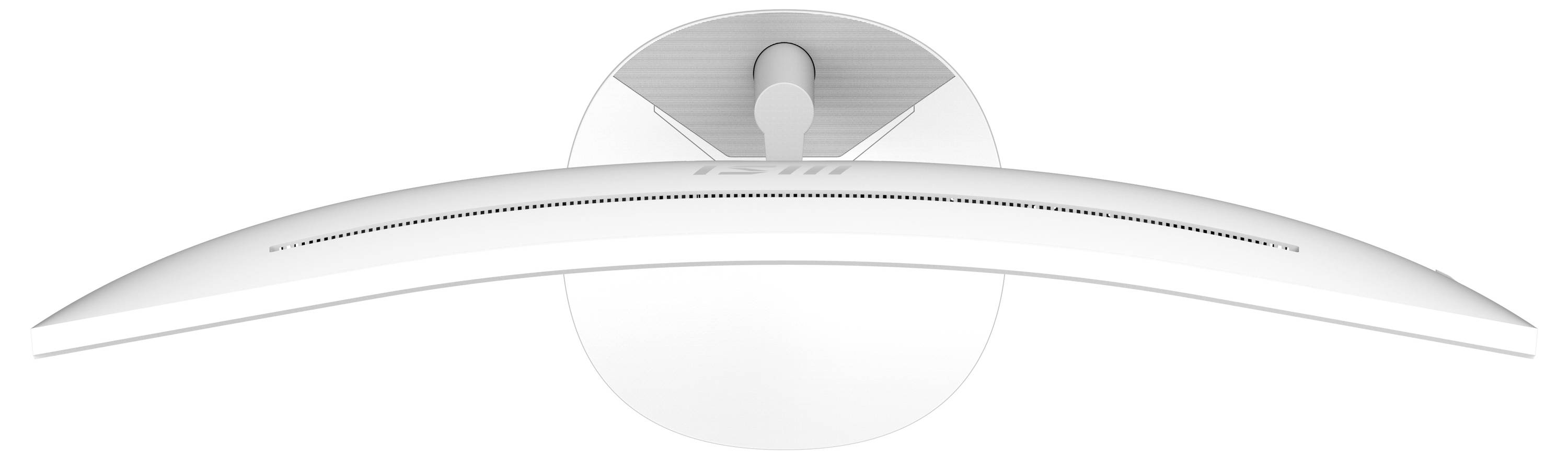 Draufsicht auf einen weißen, gekrümmten Computermonitor, der sein schlankes Design und das obere Belüftungsmuster zeigt, montiert auf einer runden Basis.