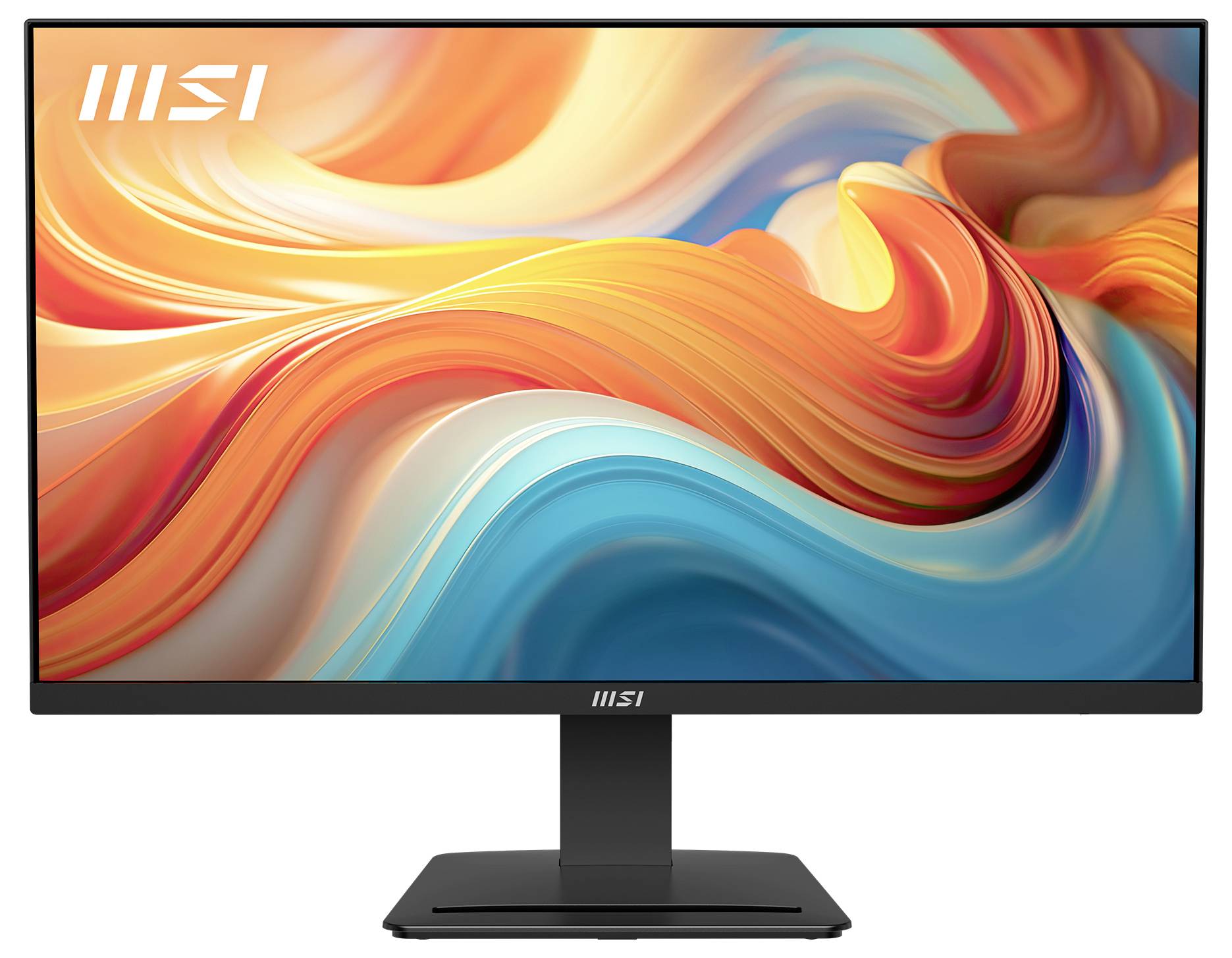 Ein Computerbildschirm mit abstrakten wirbelnden Farben in Orange, Rot und Blau, mit dem 