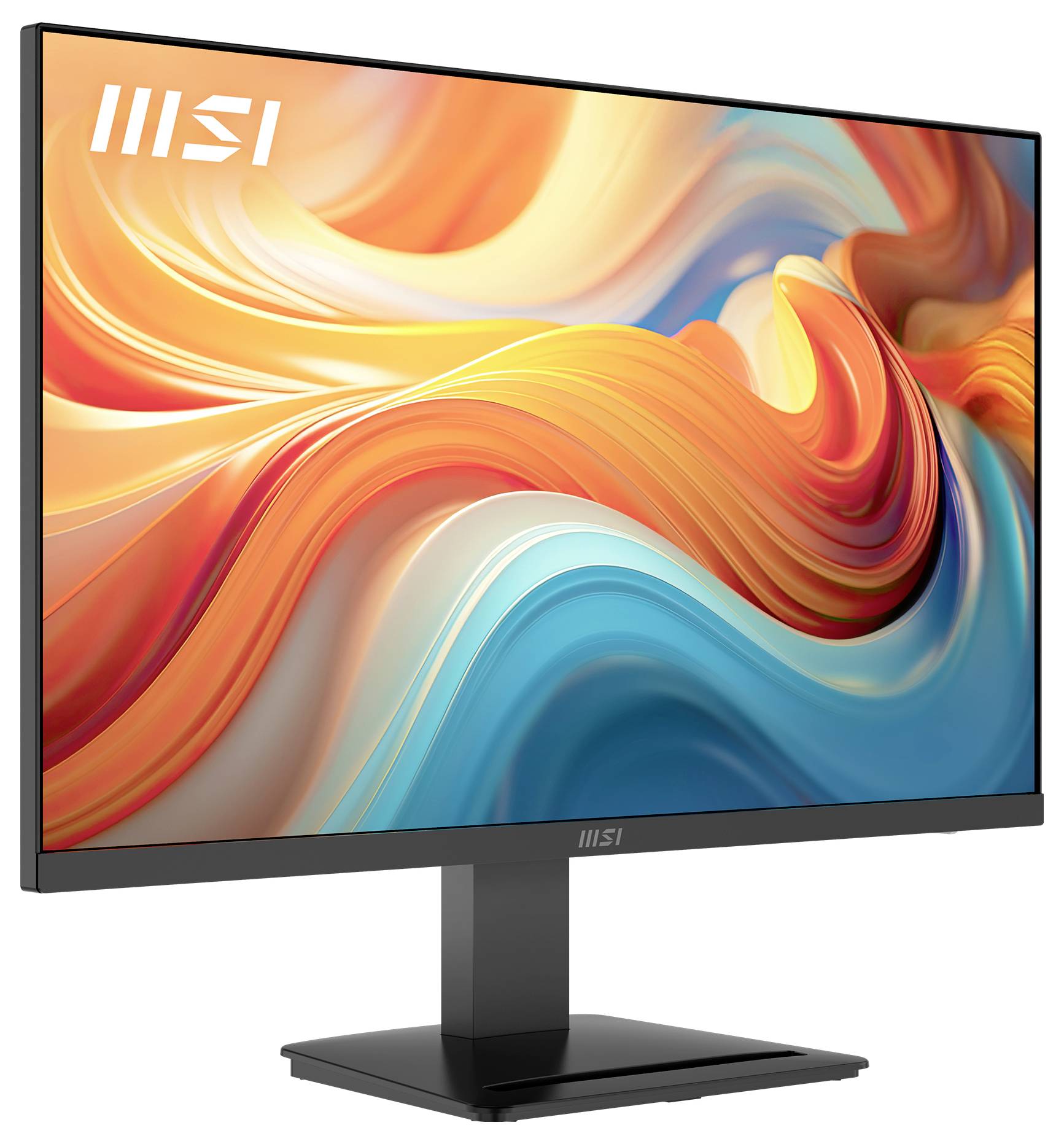 Ein Computermonitor zeigt leuchtende, wirbelnde abstrakte Muster in Orange und Blau auf seinem Bildschirm, mit dem 