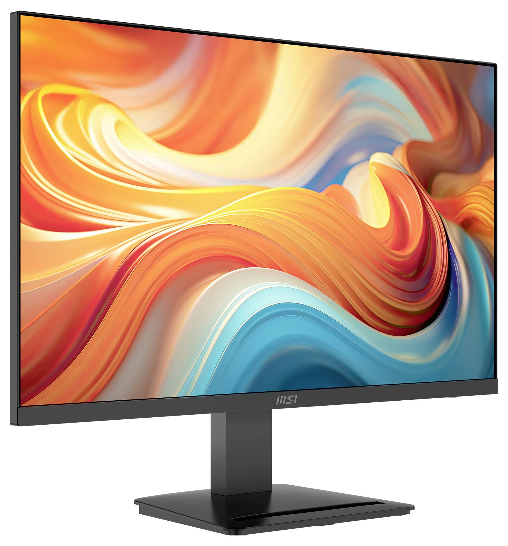 Ein schlanker, moderner Computermonitor, der ein lebendiges, abstraktes Wirbelmuster in Orange, Gelb und Blau anzeigt. Der Bildschirm erstreckt sich von Kante zu Kante und erzeugt damit ein nahtloses Erscheinungsbild.