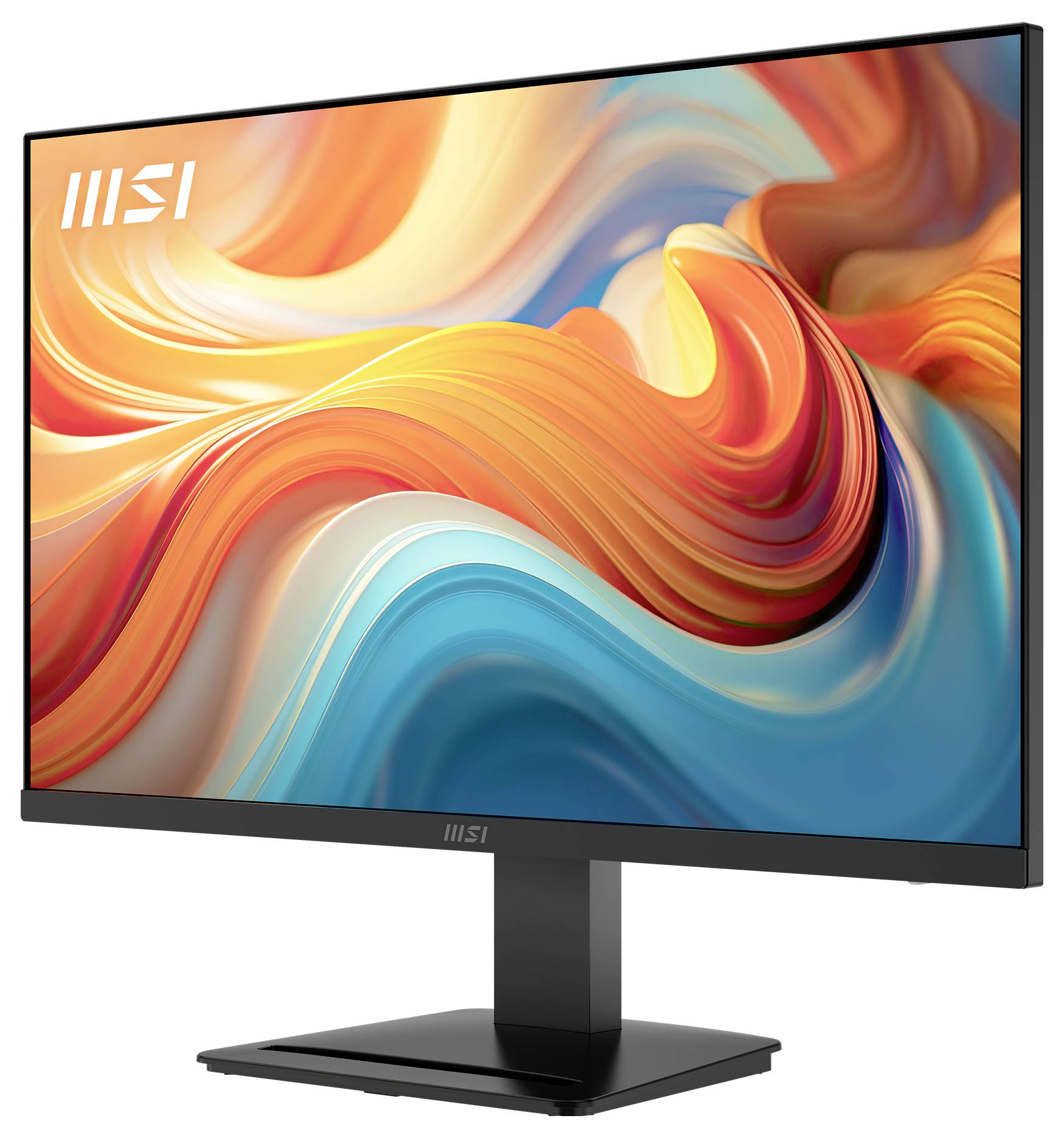 Ein moderner Computermonitor mit dünnem Rahmen und lebhaftem, abstraktem Wirbelmuster in Orange und Blau auf dem Bildschirm.