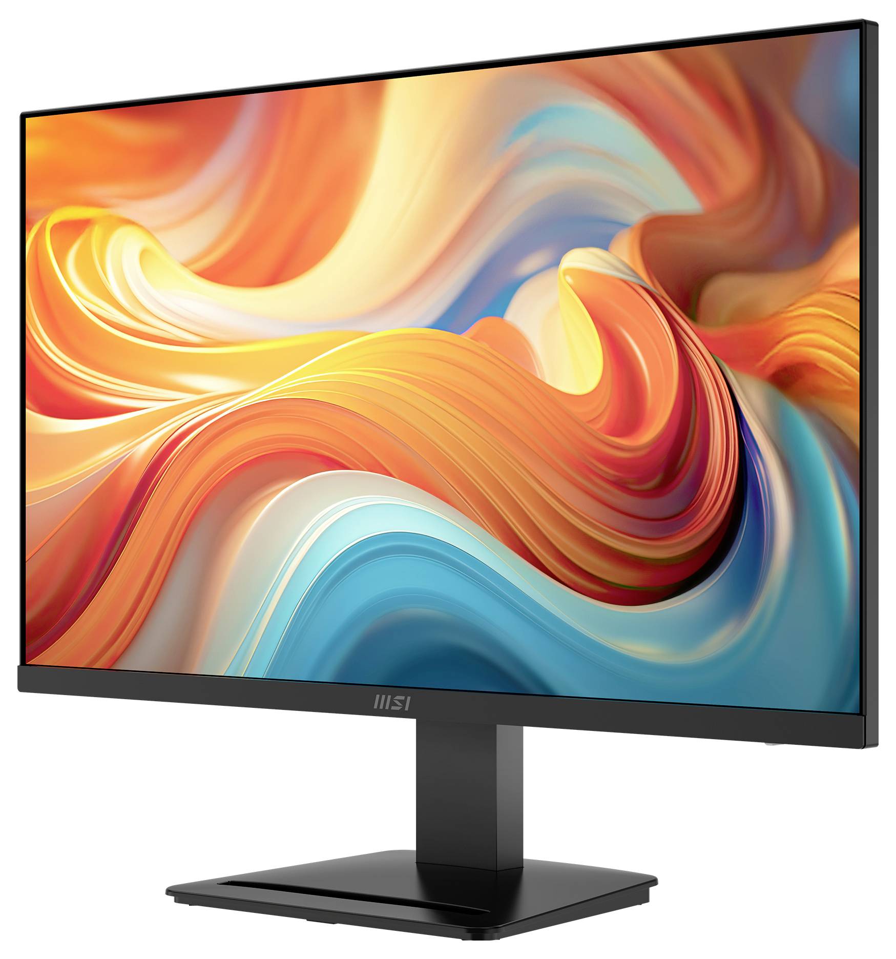 Ein eleganter Computermonitor zeigt ein abstraktes, farbenfrohe Wirbelmuster mit vibrierenden Orange-, Blau- und Gelbtönen.