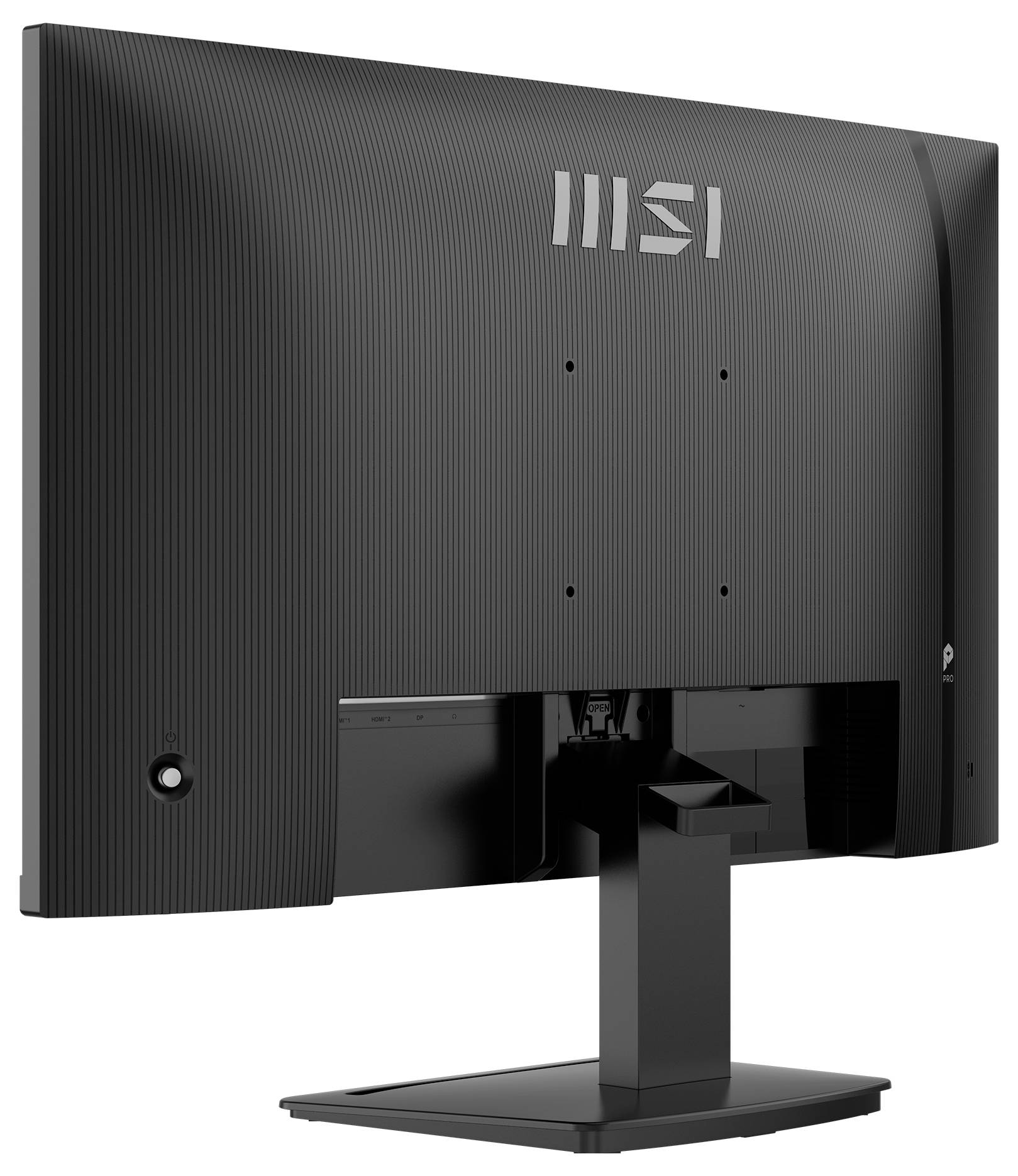 Eine Rückansicht eines schwarzen Computermonitors auf einem Ständer, mit dem Logo 