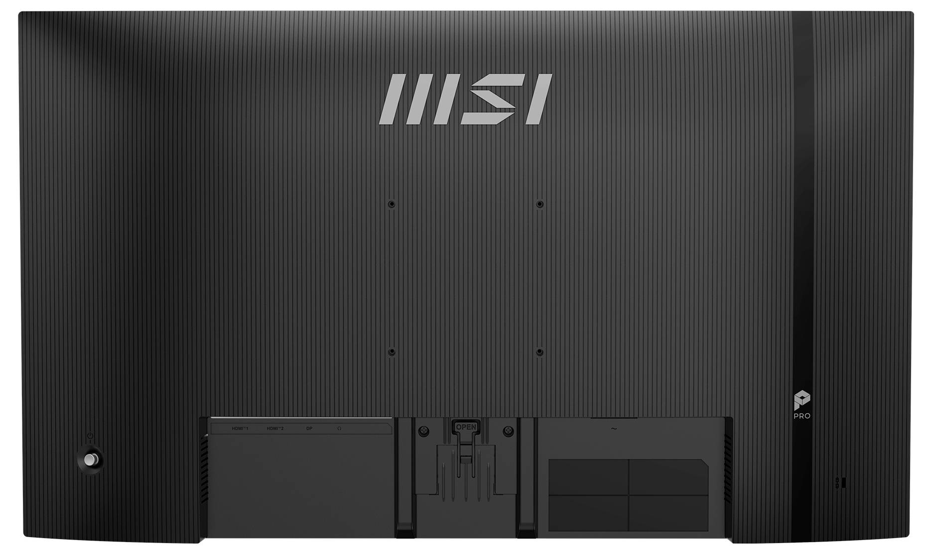 Rückansicht eines schwarzen elektronischen Geräts mit vertikalen Rillen, das den Markennamen „MSI