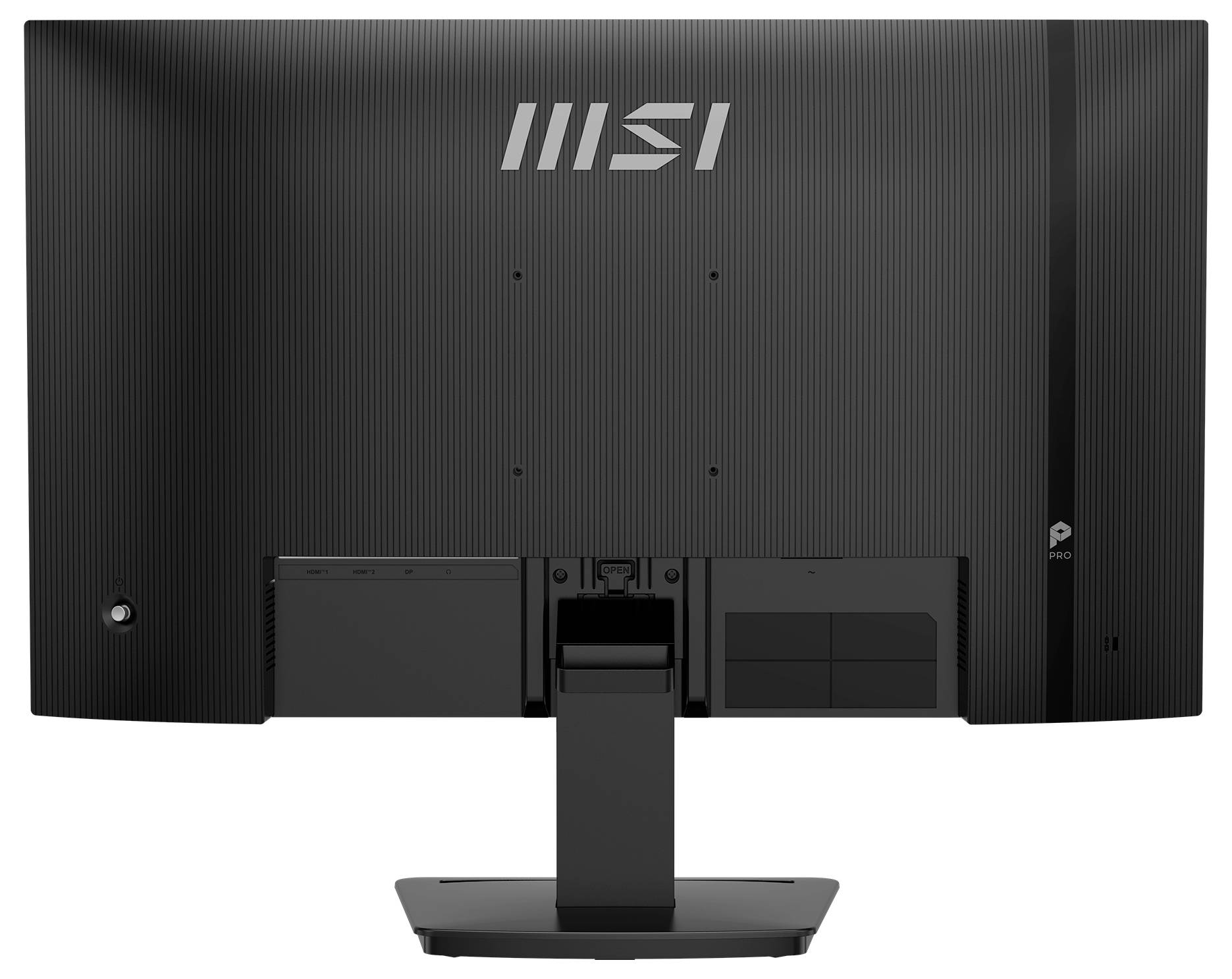 Rückansicht eines schwarzen Computermonitors mit verstellbarem Ständer, mit Logo und mehreren Konnektivitätsanschlüssen.