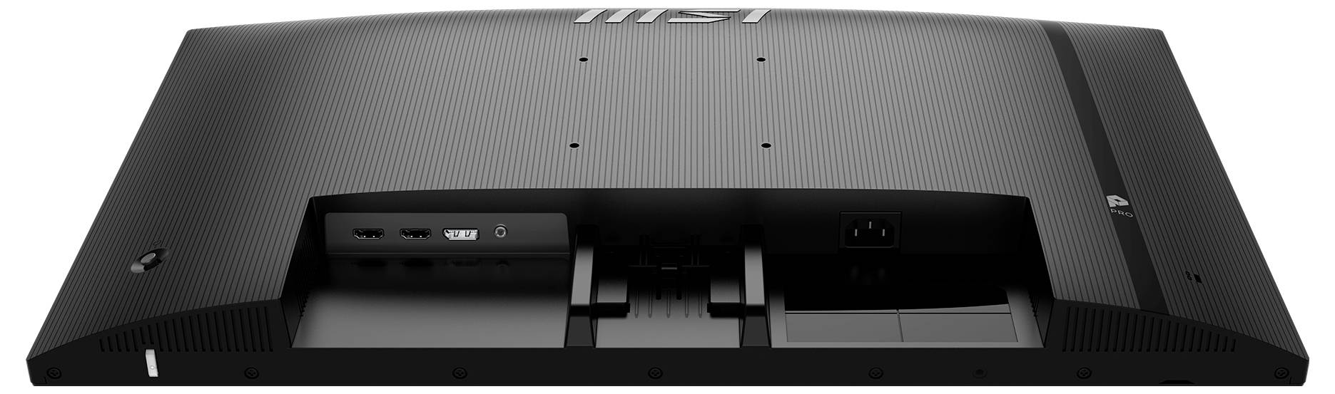 Rückansicht eines schwarzen Monitors mit verschiedenen Anschlüssen, einschließlich HDMI und Stromeingabe. Der Monitor hat eine strukturierte Oberfläche.