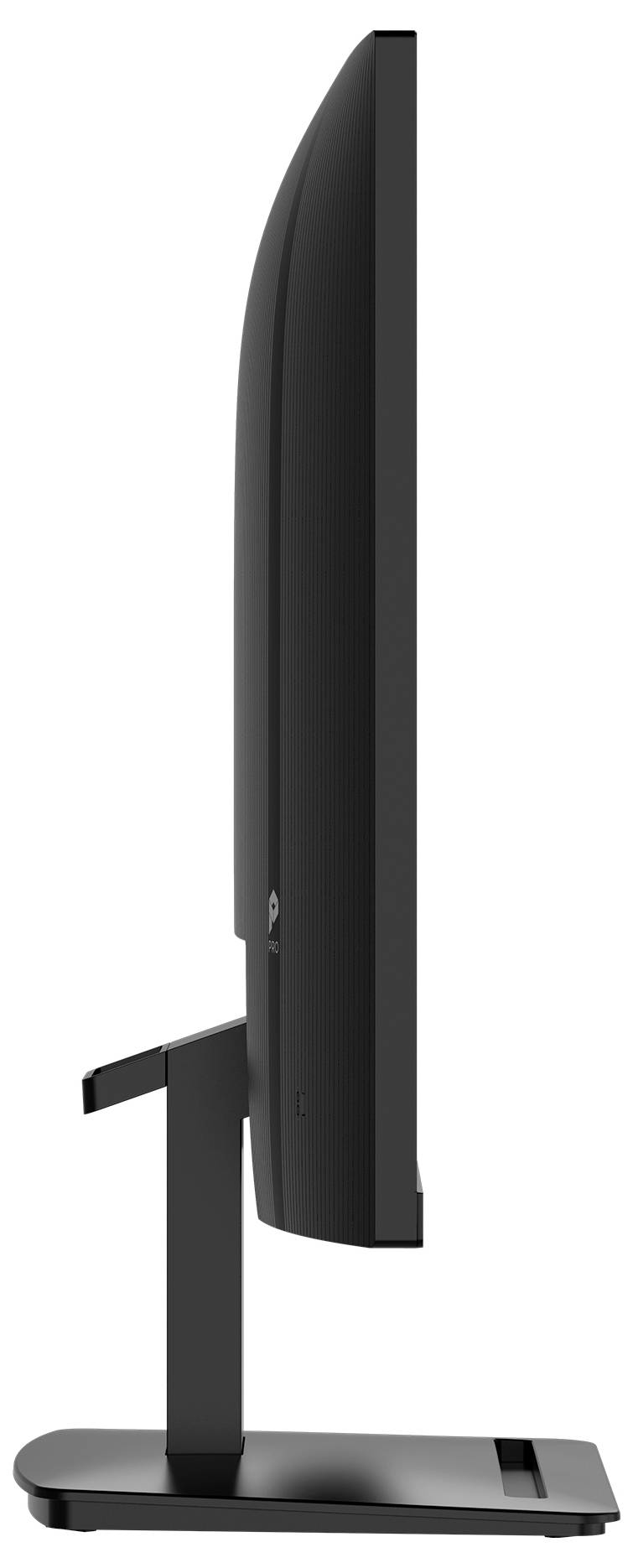 Seitenansicht eines schlanken, schwarzen Computermonitors auf einem Ständer.