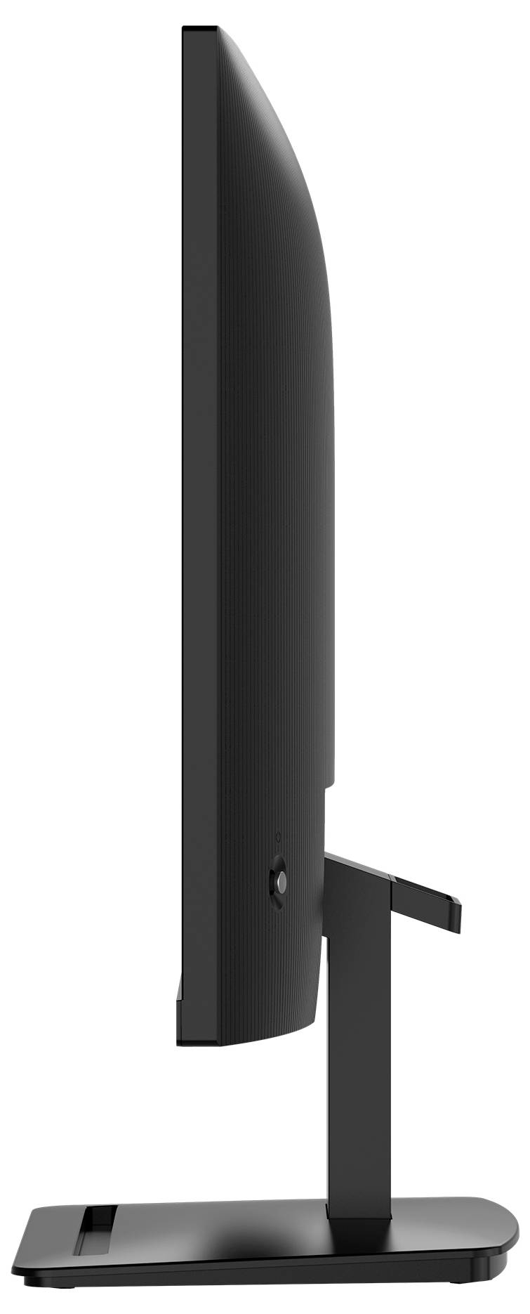 Seitenansicht eines schlanken, modernen Computermonitors mit schwarzem Rahmen und robustem Standfuß, die sein dünnes Design und sein elegantes Profil hervorhebt.