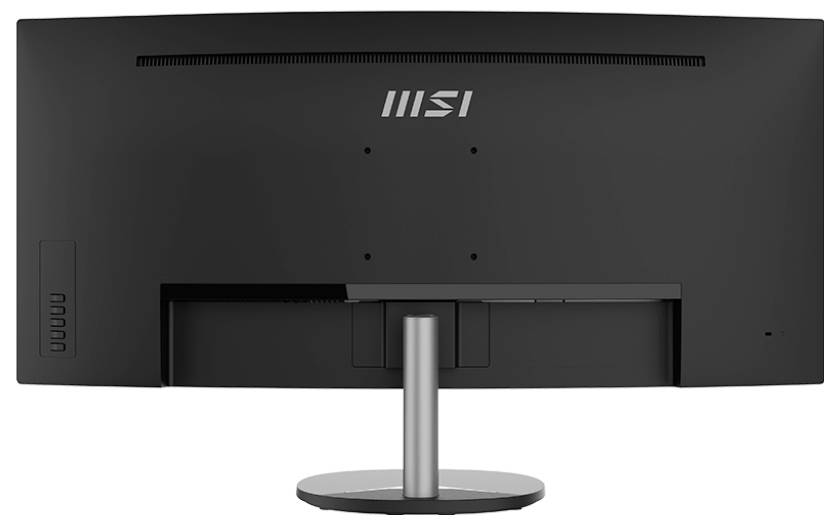 Breitbildmonitor von hinten mit zentralem Ständer, der ein minimalistisches Design zeigt.