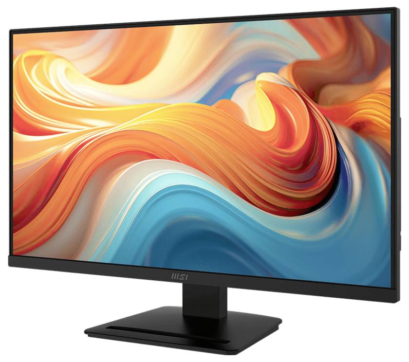 Ein Computermonitor zeigt ein abstraktes Wirbelmuster aus orangefarbenen, gelben und blauen Wellen an und steht auf einem schwarzen Ständer.