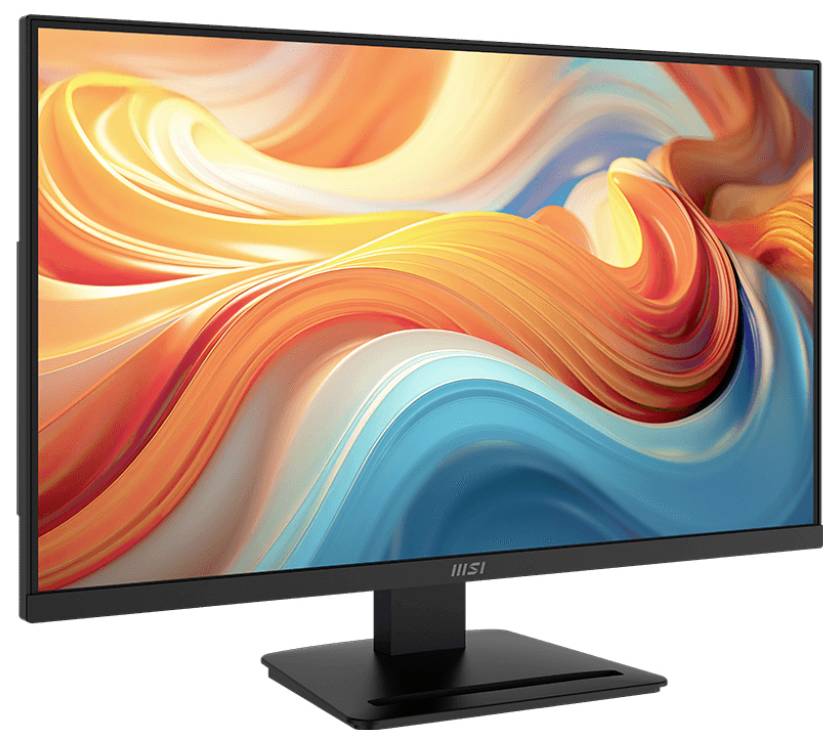 Ein gebogener Computermonitor, auf dessen Bildschirm lebendige abstrakte orange und blaue Wellen angezeigt werden.